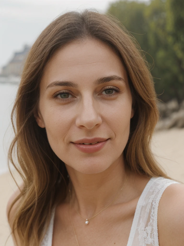 Chloe Laurent, 1girl, solo, realistic, (((consistent face and image))), ((Caucasian mature)), ((French woman)), ((French nose)), ((French lips)), ((French body and skin)), Chloe's outfit combines a playful teasing lingerie, perfect for a day out in Paris or a relaxed evening with friends at beach, outside