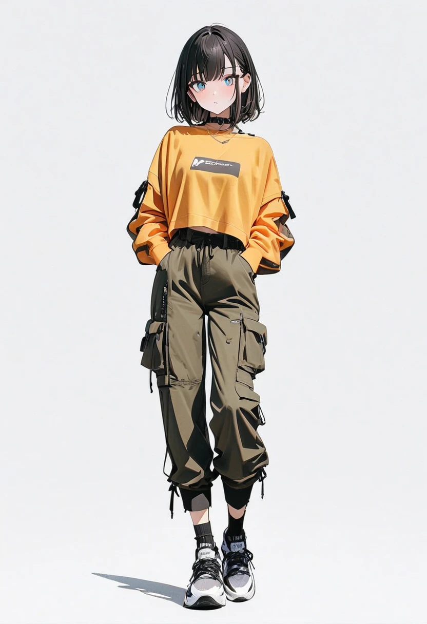 (Masterpiece, highest quality: 1.2, 8K), centered, full body, one girl, street fashion, cargo pants, simple sneakers, simple background, white background, beautiful eyes, eyes open