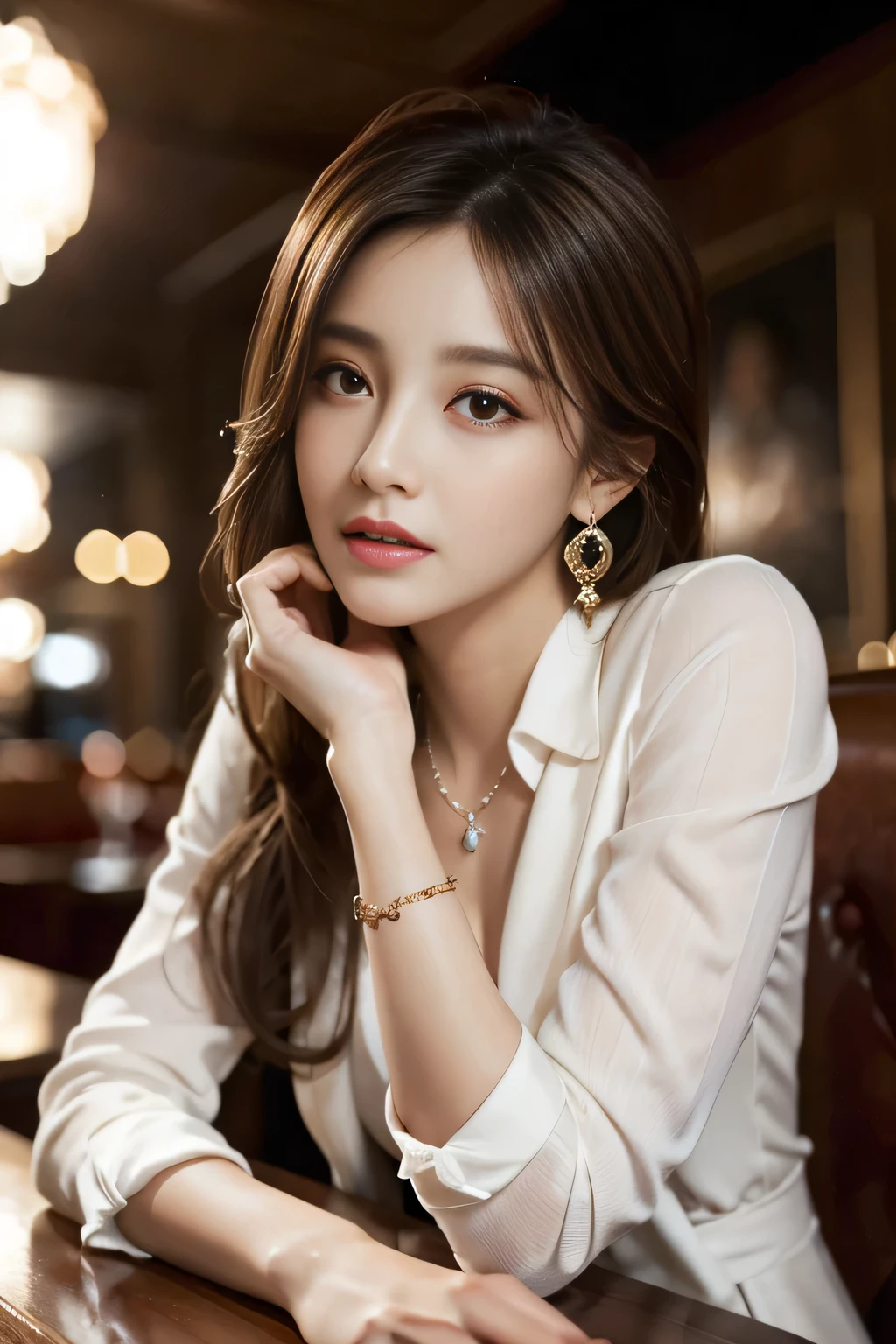 masterpiece, Highest quality, Realistic, Very detailed, Finer details, High resolution, 8k wallpaper, One beautiful woman, Wear a nice suit, In a great restaurant, At night, Light brown messy hair, Perfect dynamic composition, Beautiful and beautiful eyes、Big earrings、Sit comfortably in a chair、