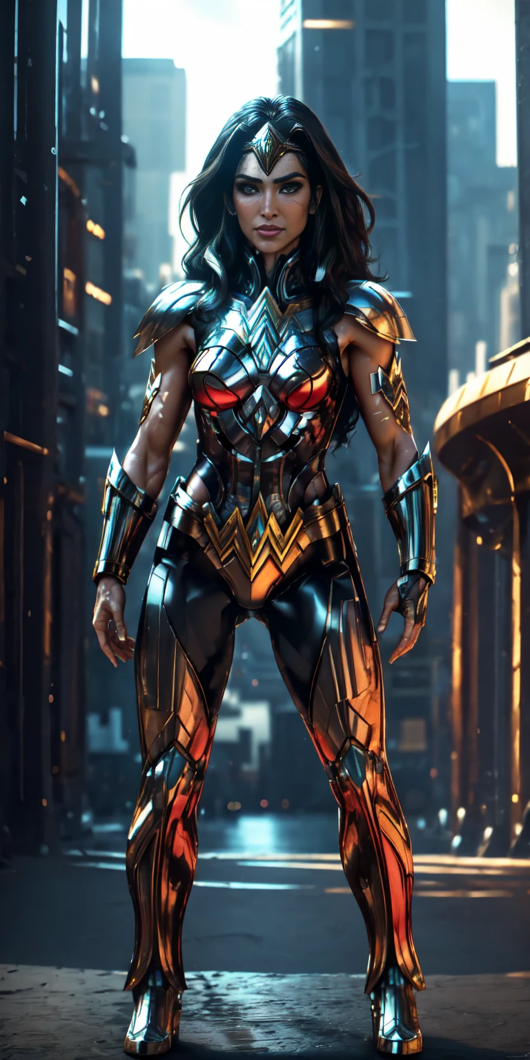 (((full body photo))) Wonder Woman stands imposingly in a Themyscira city. The day highlights your muscles and scars. The setting is lush and mysterious, with futuristic technology and surroundings. The camera details everything, a warrior woman, in front of you.
