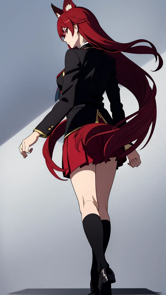 1girl ,20s,mature female,serious face,solo,red hair,red eyes,long hair,fox ears,hair between eyes,(simple background),necktie,black jacket, blazer,long sleeves,pleated skirt,full body,from back,(looking back),walking,looking at view