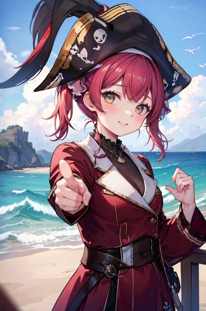 On the Sea、On the pirate ship、With a map in hand、Pointing to the ocean、A lively face、smile、Houshou Marine、Twin tails、pirate hat
