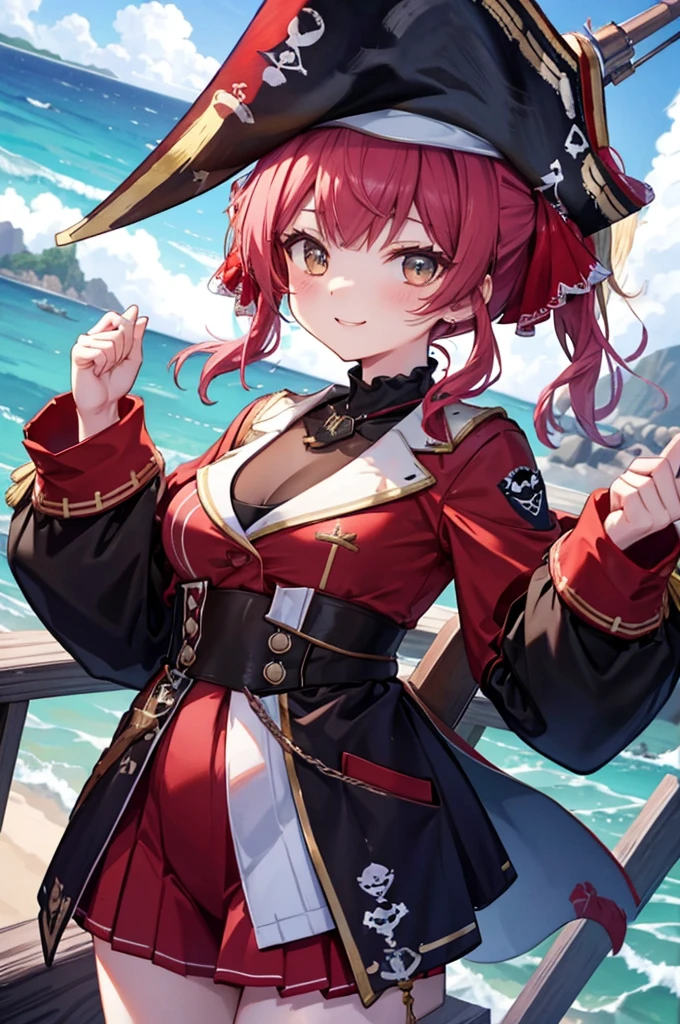On the Sea、On the pirate ship、With a map in hand、Pointing to the ocean、A lively face、smile、Houshou Marine、Twin tails、pirate hat