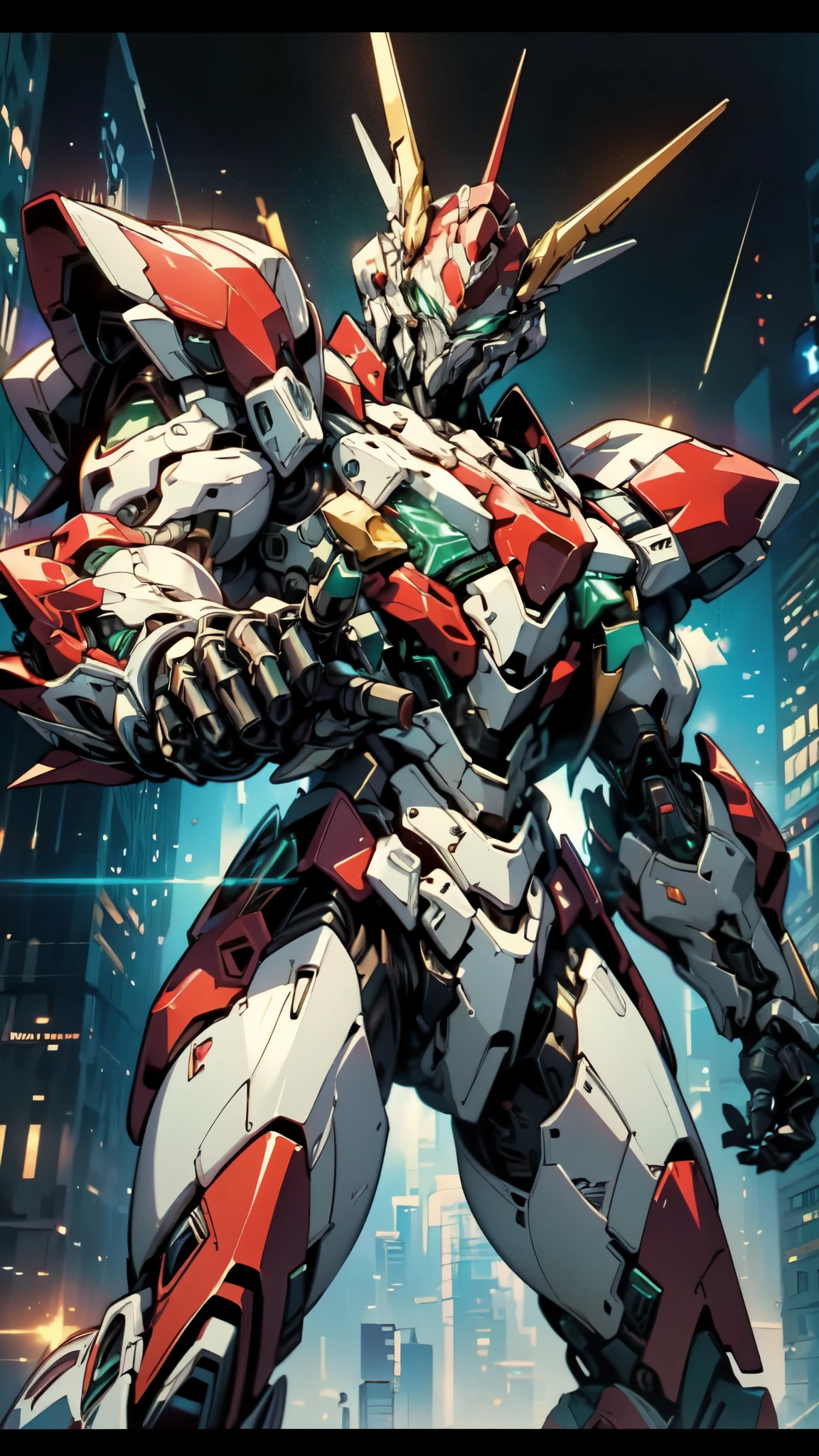 (masterpiece:1.5, best quality:1.5, extremely delicate:1.5, foreshortening:1.5, dynamic angle:1.5), a man wearing a full-face helmet, a fantasy-style biotech armored combat suit, green eyes, (a composite layered chest armor), fully enclosed shoulder guards, matching arm and leg guards, belt of Neon circuit, (the color scheme is primarily white with red green accents), the design balances heavy with agility, a high-tech bio-mecha armor, (Armor Concept Inspired by neon Cyberpunk, stand on the top of a skyscraper in a futuristic sci-fi city), this character embodies a finely crafted fantasy-surreal style armored hero in anime style, exquisite and mature manga art style, (element, plasma, energy, the armor glows), ((male:1.5)), metallic, high definition, highres, ultra-detailed, ultra-fine painting, professional, perfect body proportions, golden ratio, anatomically correct, symmetrical face, extremely detailed eyes and face, high quality eyes, creativity, RAW photo, UHD, 32k, Natural light, cinematic lighting, masterpiece-anatomy-perfect