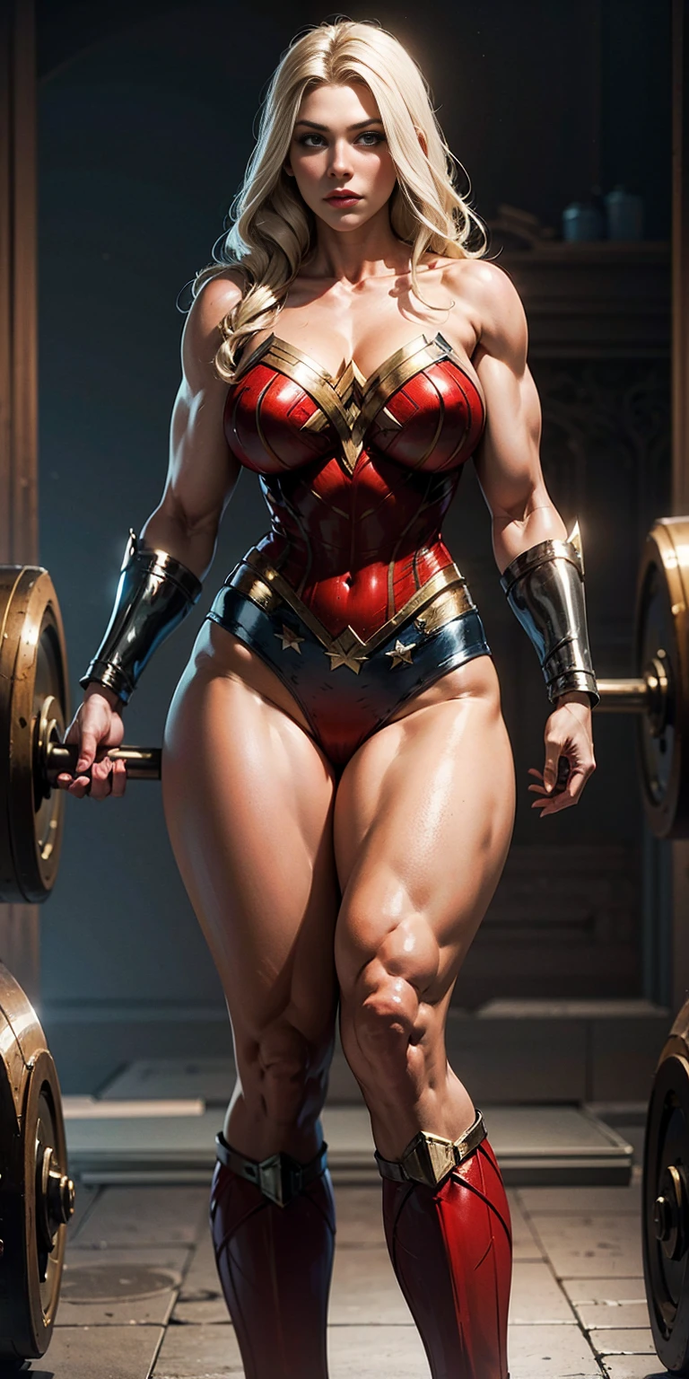 Nordic blonde woman bodybuilder with very large calves very beautiful resemblance to Katheryn Winnick dressed as Wonder Woman with very huge breasts showing her gigantic strength