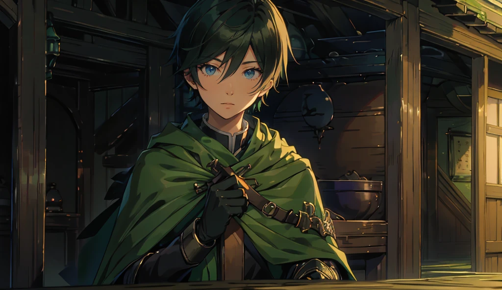 yuichiro hyakuya, (WithoutFear:1), 1 boy, black hair, green eyes, brown coat, gray armor, green shield, green cloak, dark brown gloves, town, white fur trim, tall, anime, standing, good quality, portrait, looking at viewer