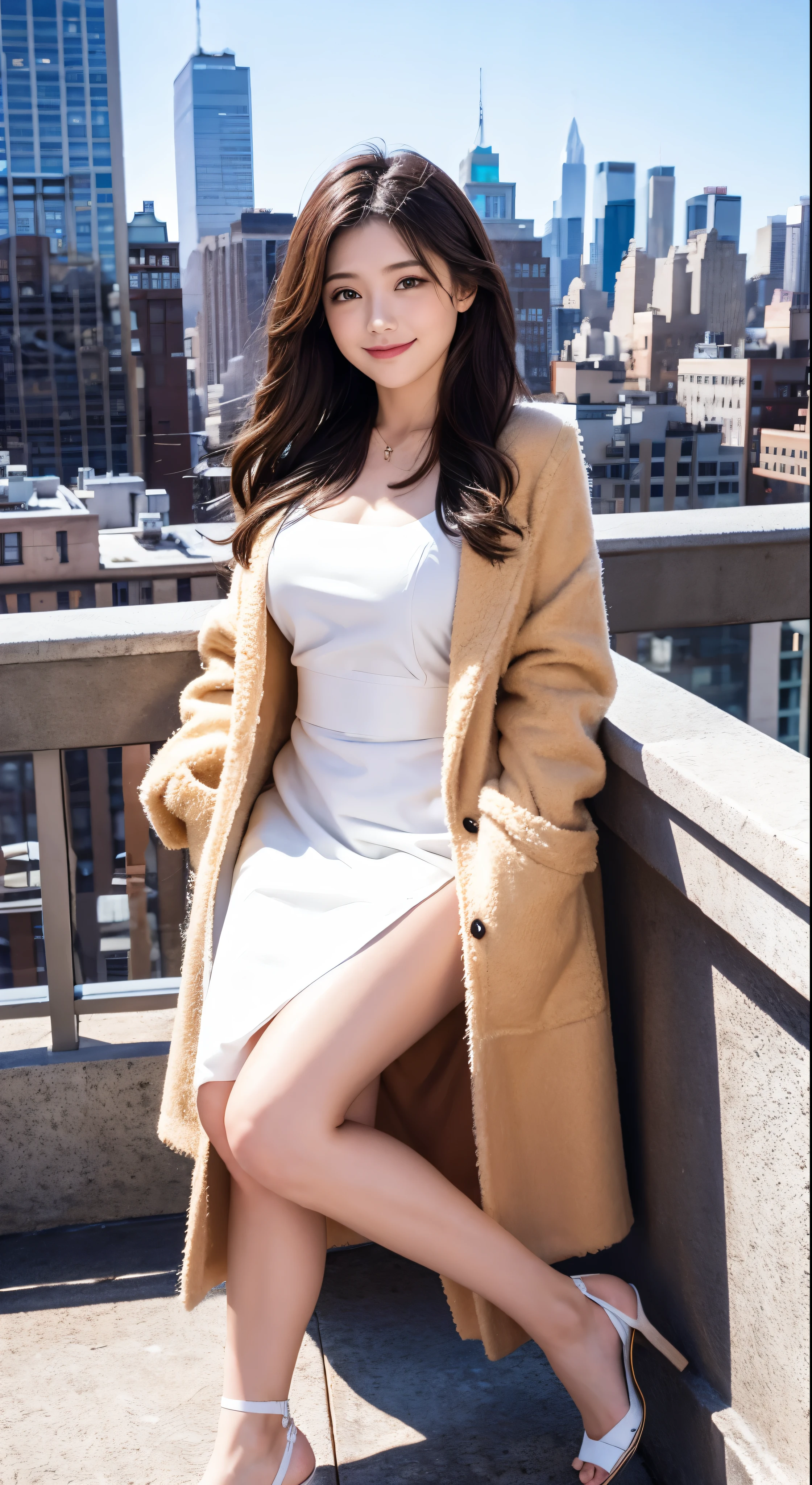 with high definition images，View of the Statue of Liberty in New York from the rooftop，Beautiful woman smiling and looking at camera，Beautiful woman in a white coat and red dress（Full body high quality images）A sunny, cloudless day，Facial details