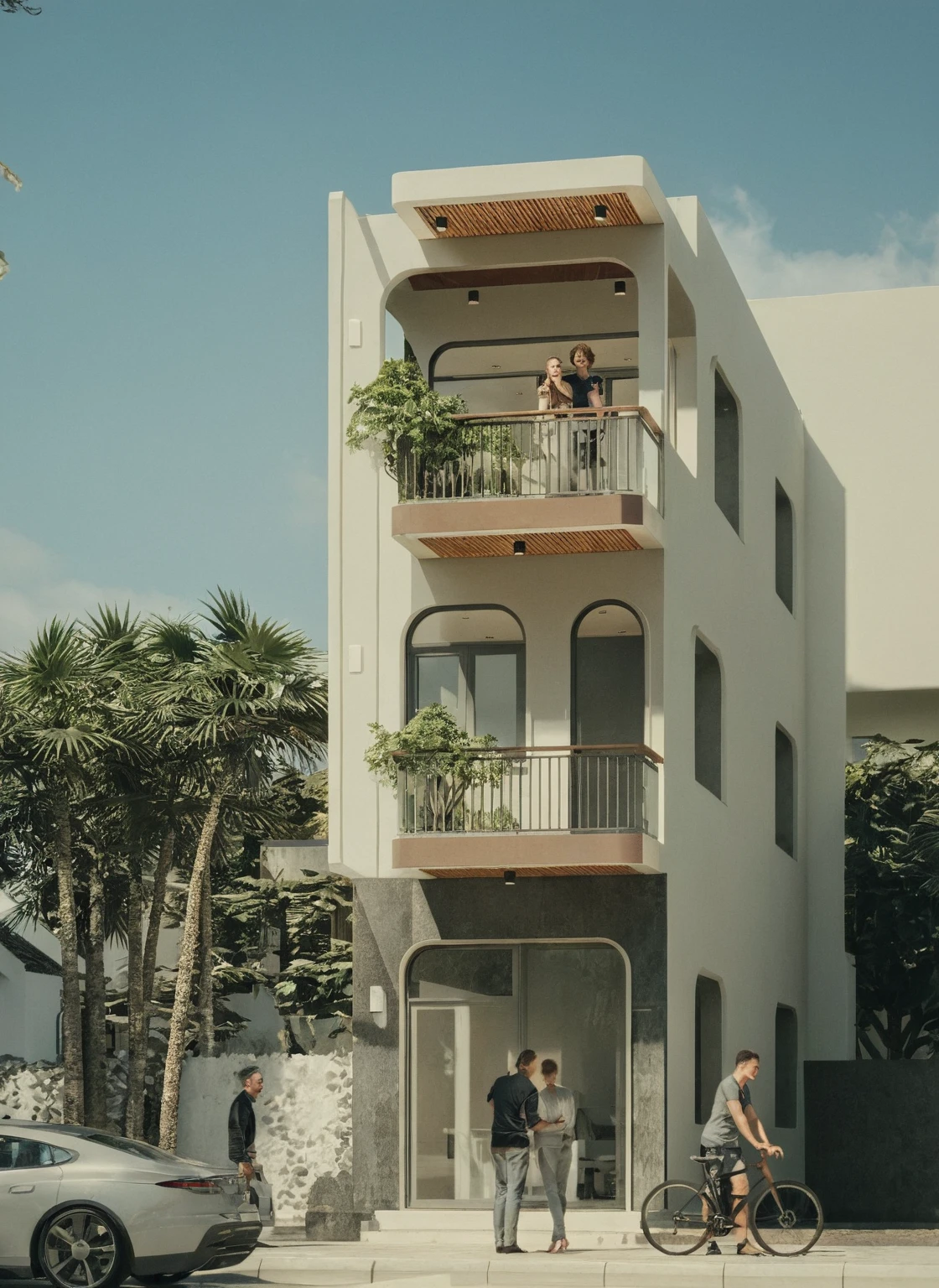 RAW photo, Masterpiece, high quality, best quality, realistic, super detailed, exterior, modernstyle, modern house detailed design, Realistic materials, windows glass, balcony glass railing, wooden ceiling, light tones, tropical plants, daylight, Archdaily architecture, (high detail :1.2), 8k uhd, dslr, soft light, high quality , film grain, Fujifilm XT3