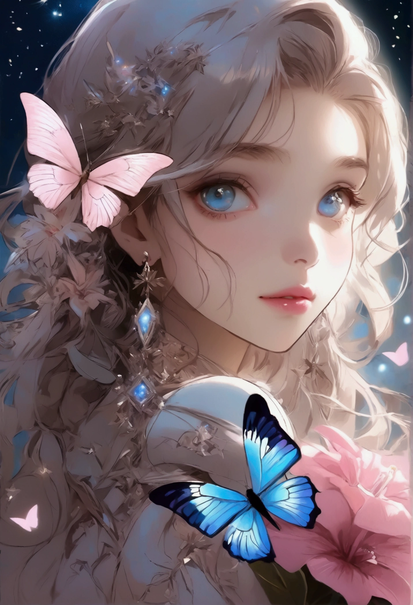 1girl,(beautiful detailed eyes),(night,moon,stars,flowers),glowing butterfly,pink and blue eyes,