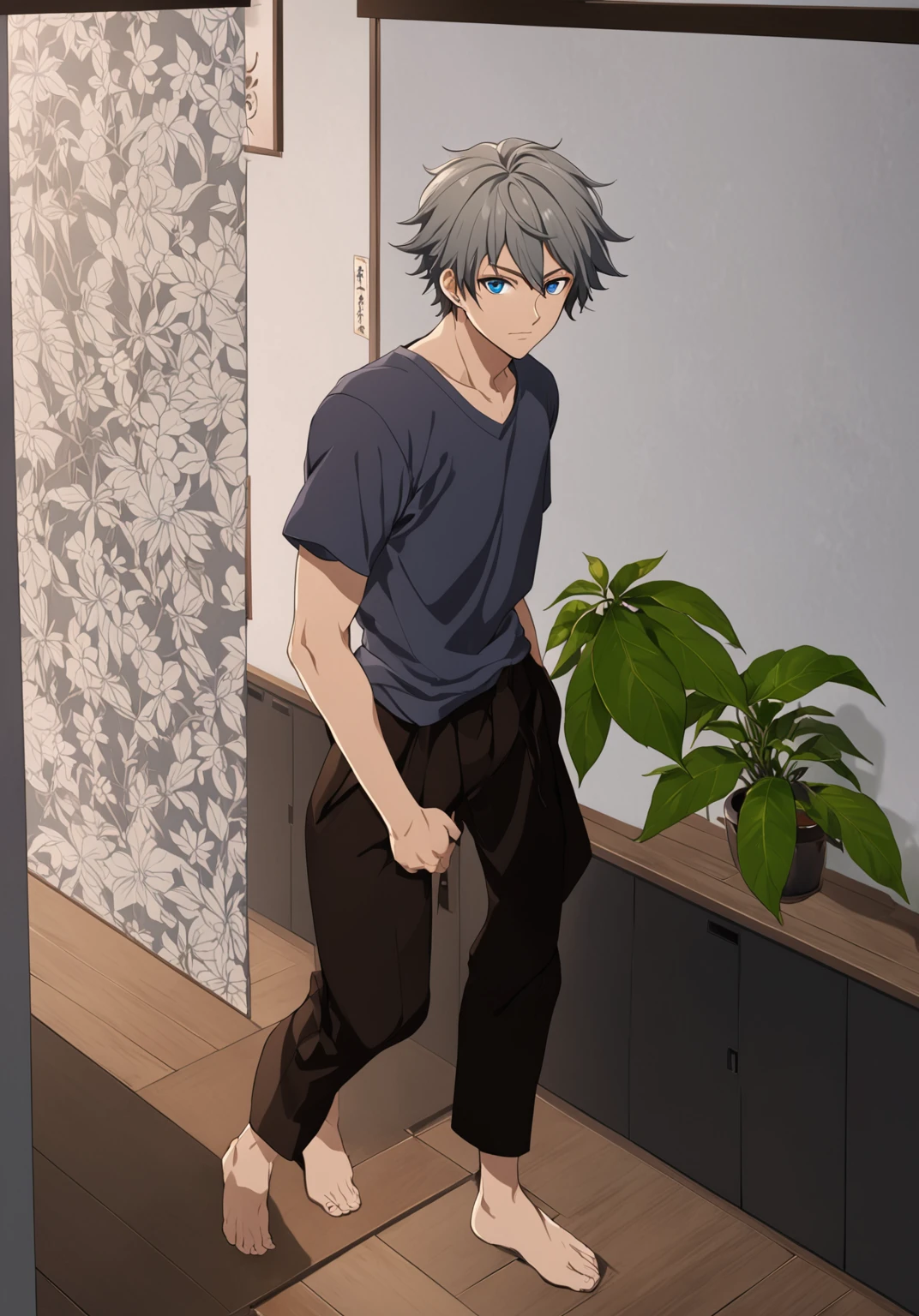 a male  standing on a ledge in a room with a plant, tall  guy with blue eyes, next to a plant, inspired by Itō Ogura Yonesuke, handsome anime pose, in a japanese apartment, young  man, manwha art style 