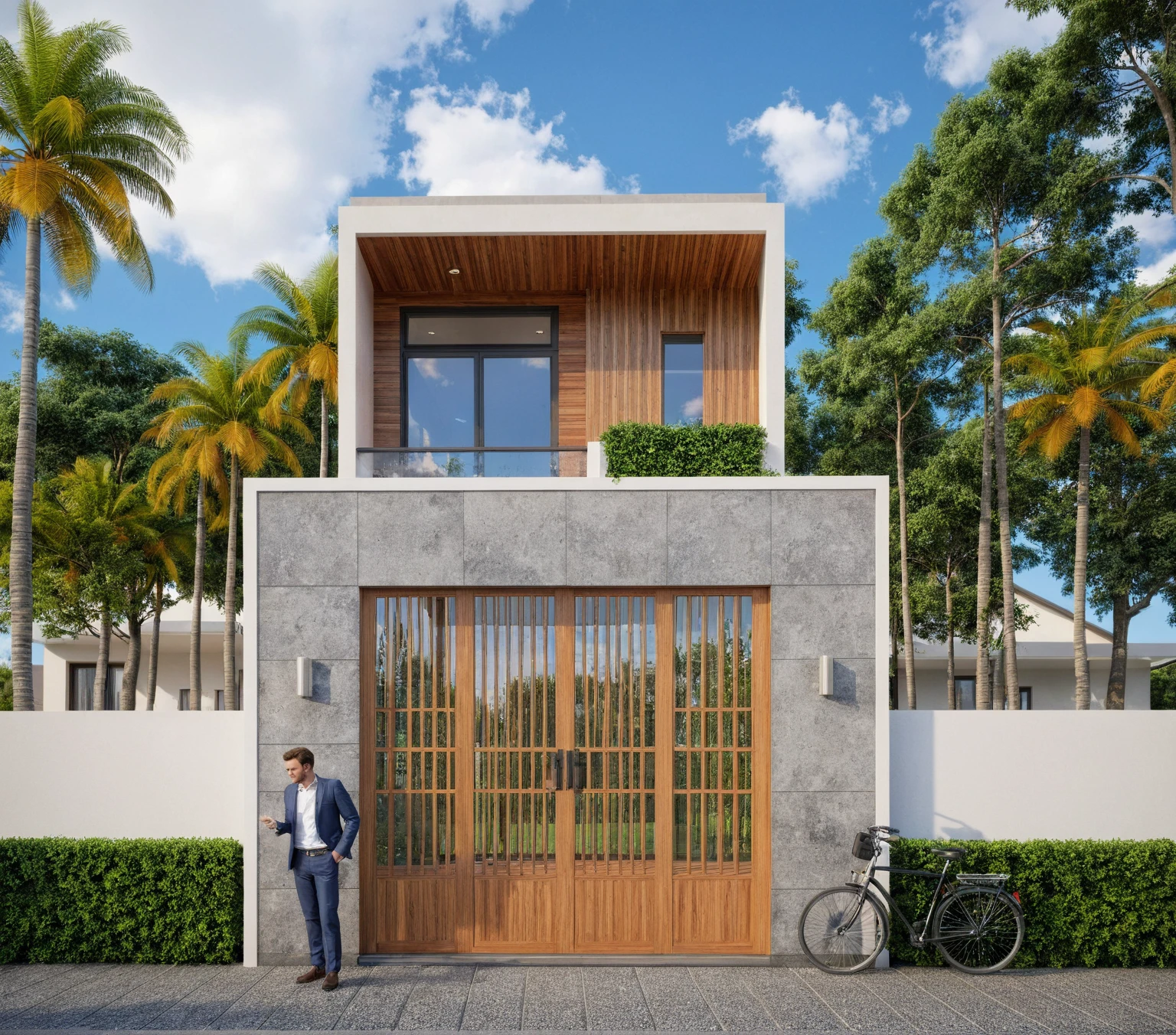 Raw photo,Masterpiece, high quality, best quality, authentic, super detail,
exterior, outdoors, house style modern on the street, glass windows, gate, wooden ceiling,
road,pavement, trees, sky, cloud, (daylight:1.1)