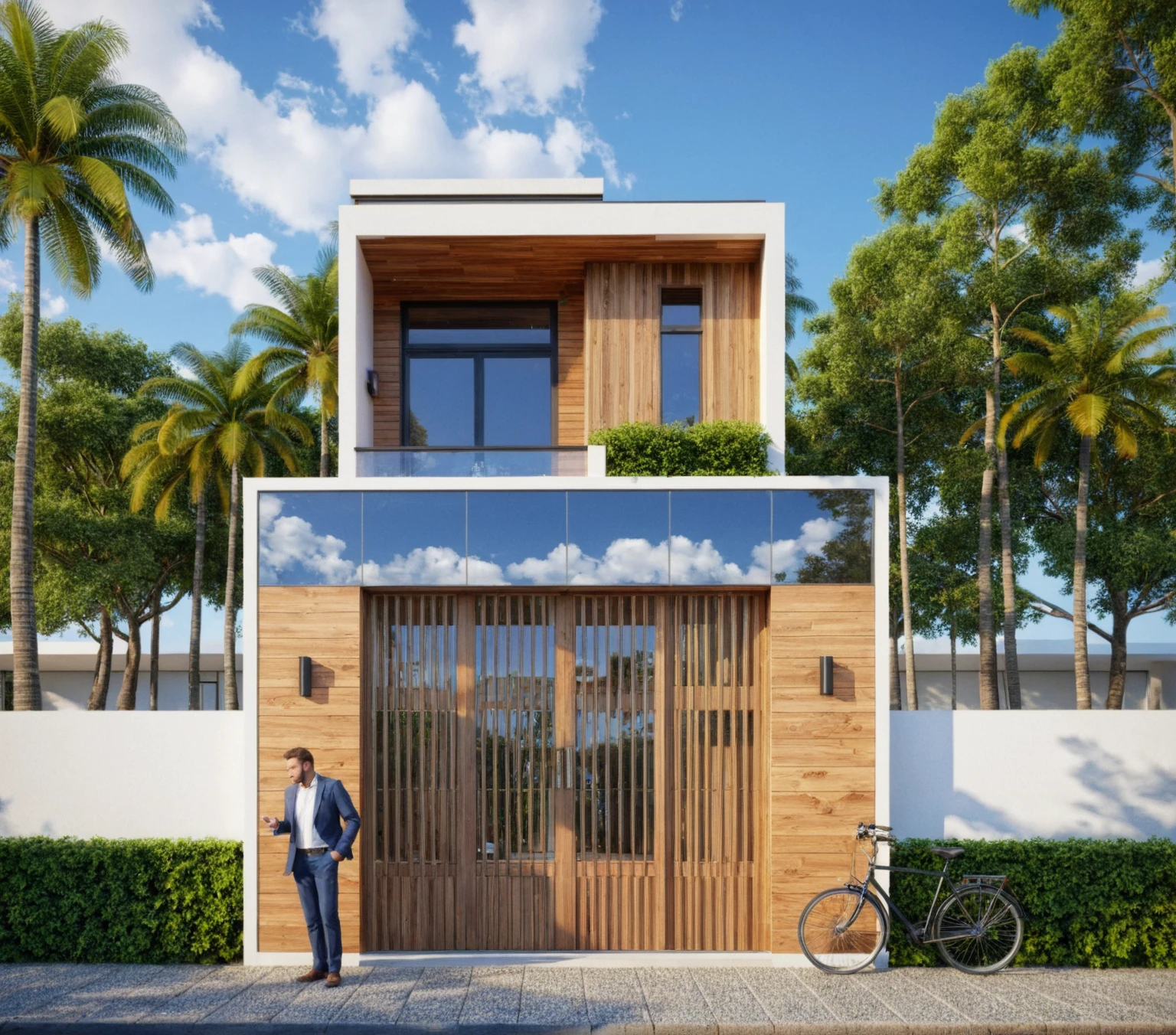 Raw photo,Masterpiece, high quality, best quality, authentic, super detail,
exterior, outdoors, house style modern on the street, glass windows, gate, wooden ceiling,
road,pavement, trees, sky, cloud, (daylight:1.1)