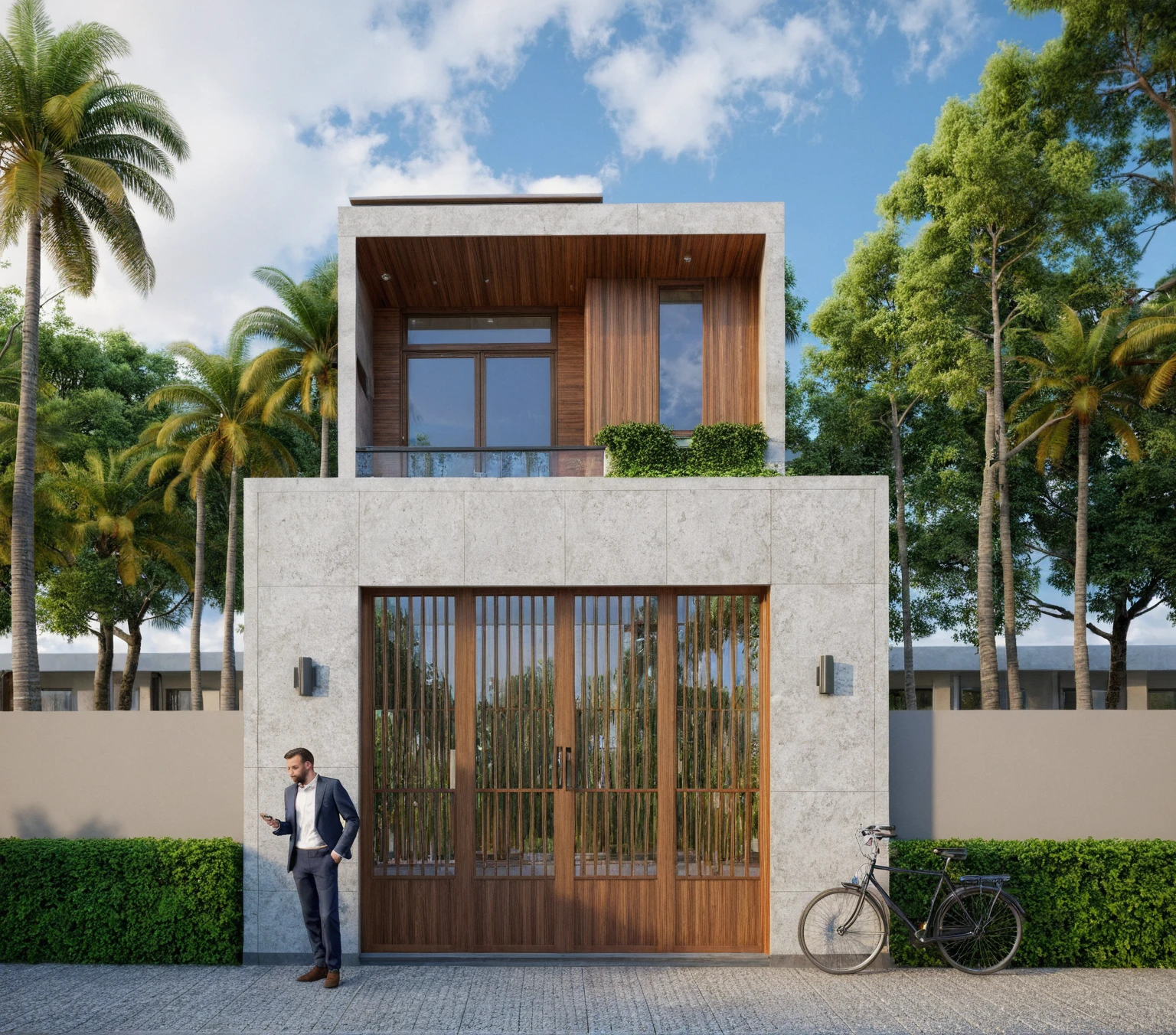 Raw photo,Masterpiece, high quality, best quality, authentic, super detail,
exterior, outdoors, house style modern on the street, glass windows, gate, wooden ceiling,
road,pavement, trees, sky, cloud, (daylight:1.1)