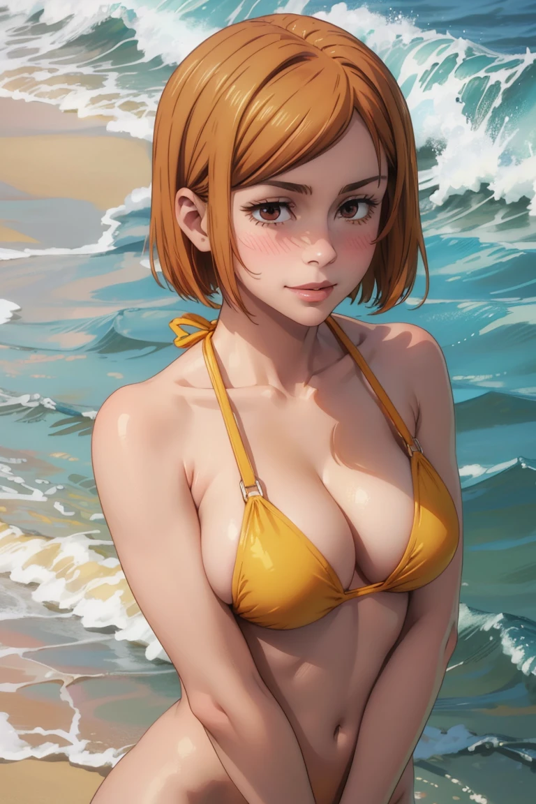 ((((nude))))(masterpiece), (Highest quality), (Very detailed), (Best illustrations), (Best Shadow), (Absurd), nobarakugisakinova, short hair, Orange Hair, ((Brown eyes)), Kugisaki Nobara, One Girl, alone, bangs, Mouth closed, Show Viewer, Upper Body, (Ocean Background), ((Cleavage)), ((Yellow Bikini)), ((Blushing)), sexy, (Please place your hand on your chest), Big Breasts, smile,