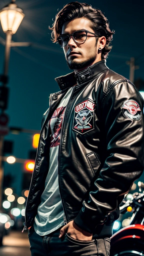 young adult man, middle-lenght dark (messy) hair, has beard, wearing a jacket of a motorcycle gang, it is night time, ultra realistic, best quality