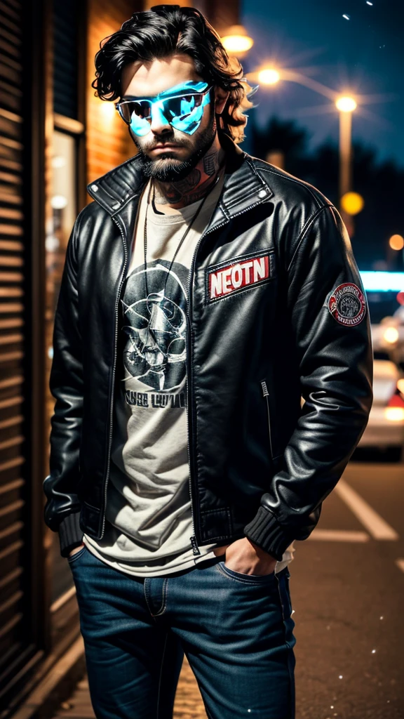 young adult man, middle-lenght dark (messy) hair, has beard, wearing a jacket of a motorcycle gang, it is night time, ultra realistic, best quality