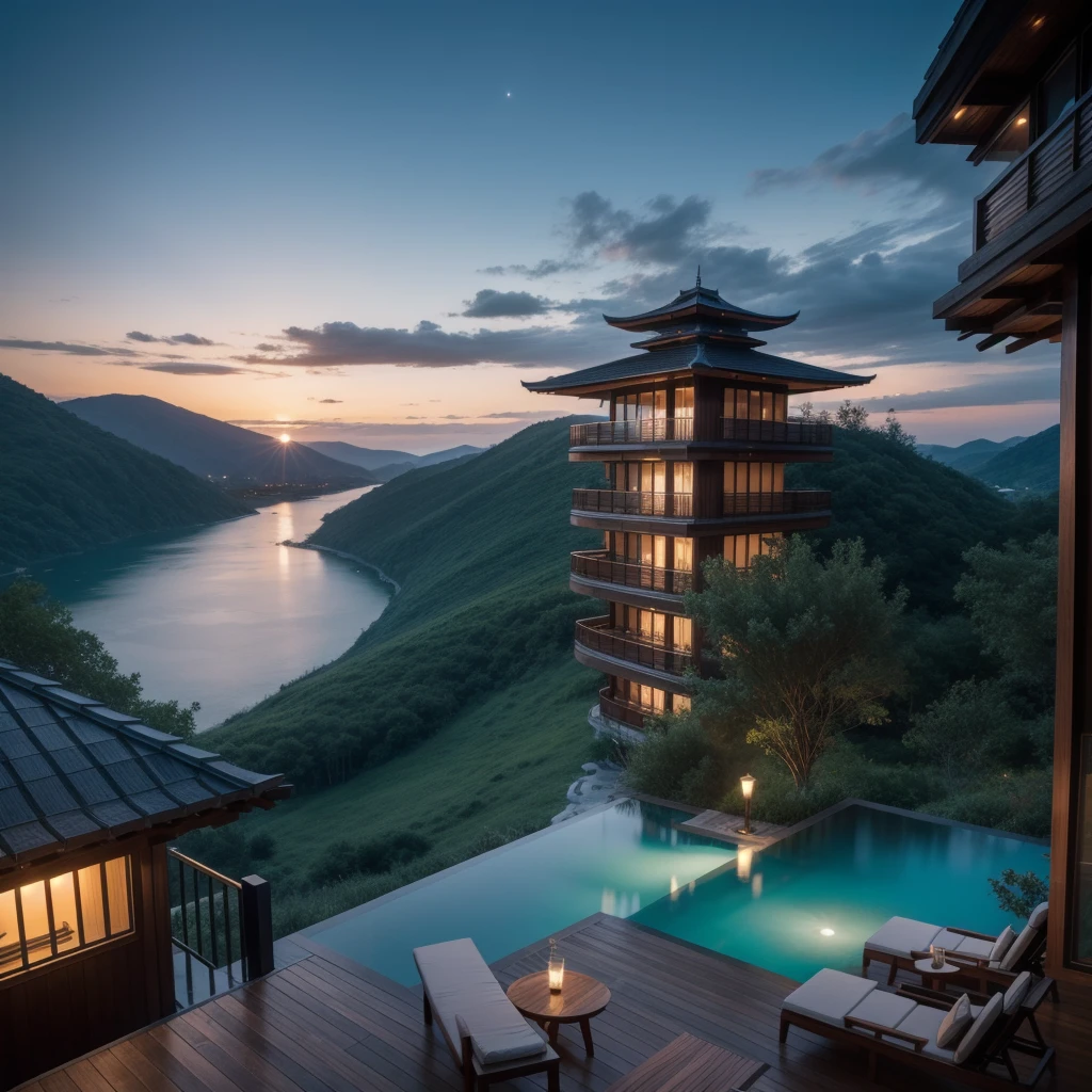 Zaha Hadid style hotel tower with wood and metal texture, hotel with infinity pool, rural landscape at dusk in high quality, 8k UHD