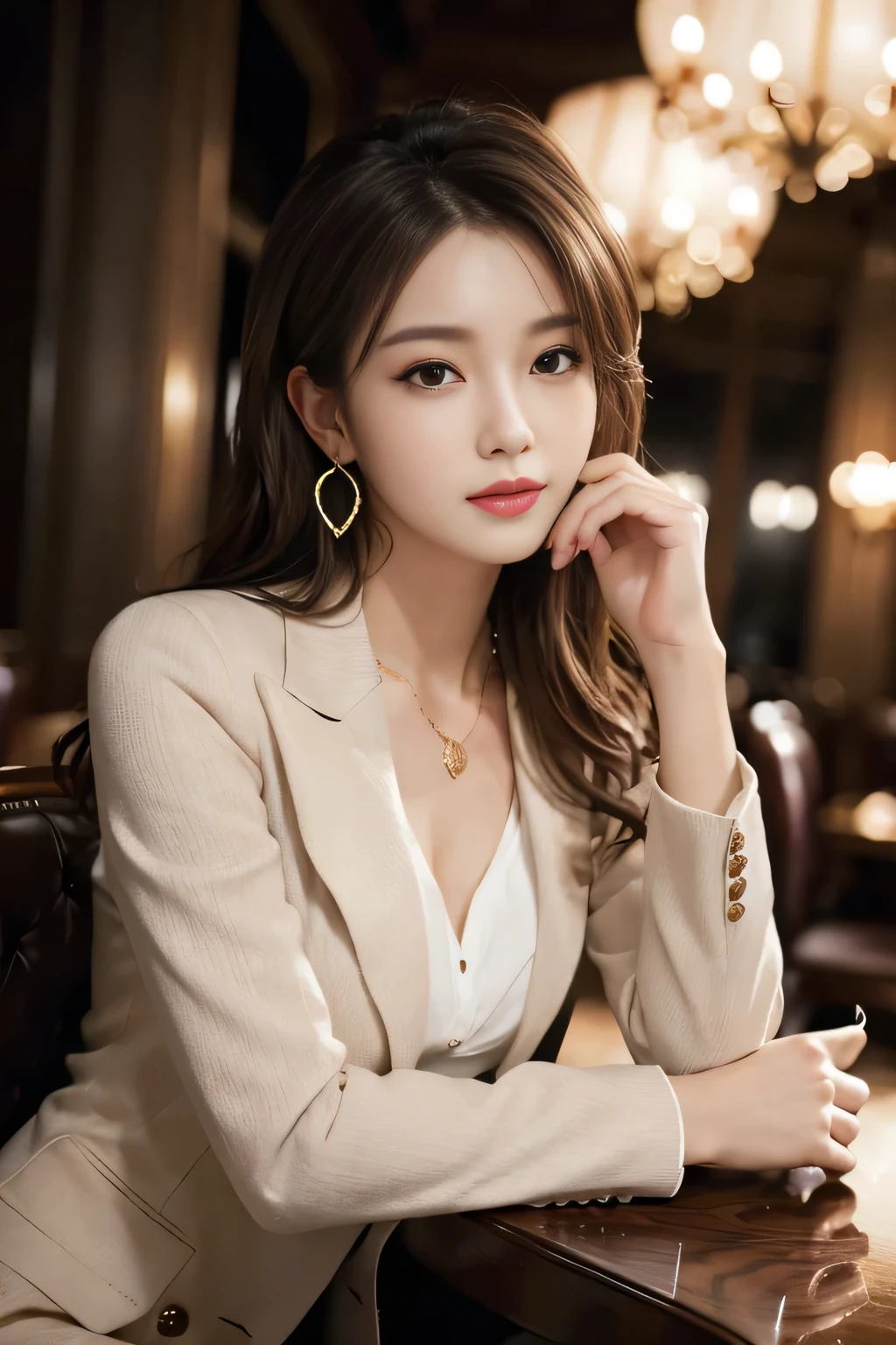 masterpiece, Highest quality, Realistic, Very detailed, Finer details, High resolution, 8k wallpaper, One beautiful woman, Wear a nice suit, In a great restaurant, At night, Light brown messy hair, Perfect dynamic composition, Beautiful and beautiful eyes、Big earrings、Sit comfortably in a chair、