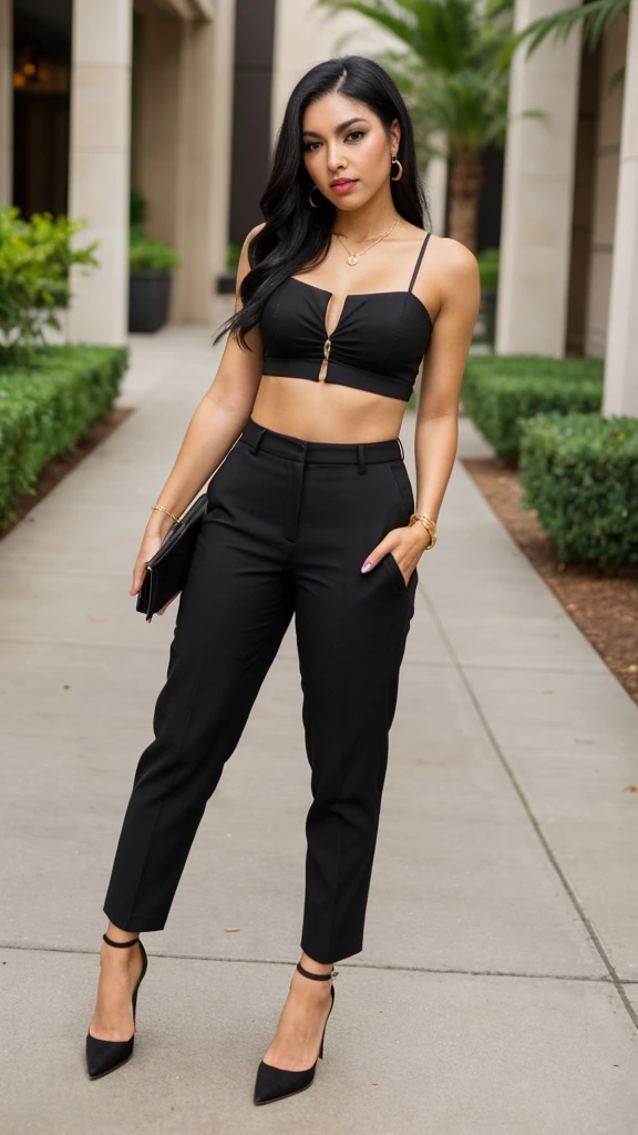 black hair, black business pants, heels, show heels, pretty face, piel morena, thin eyebrows