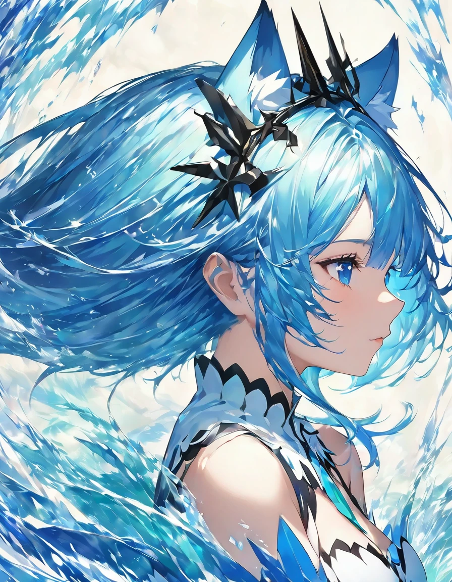 A beautiful anime girl with long blue hair and cat ears, in a 2D anime style, with an Ayanami-like appearance, in a moe anime art style, created by the artist Shitao, with the character design of Rem from Re:Zero, in a high-quality 4K 2D anime art style, a profile view of the anime girl character, from the game Arknights, drawn by the artist Puru, no text overlay, created by the artist Kamagurka.