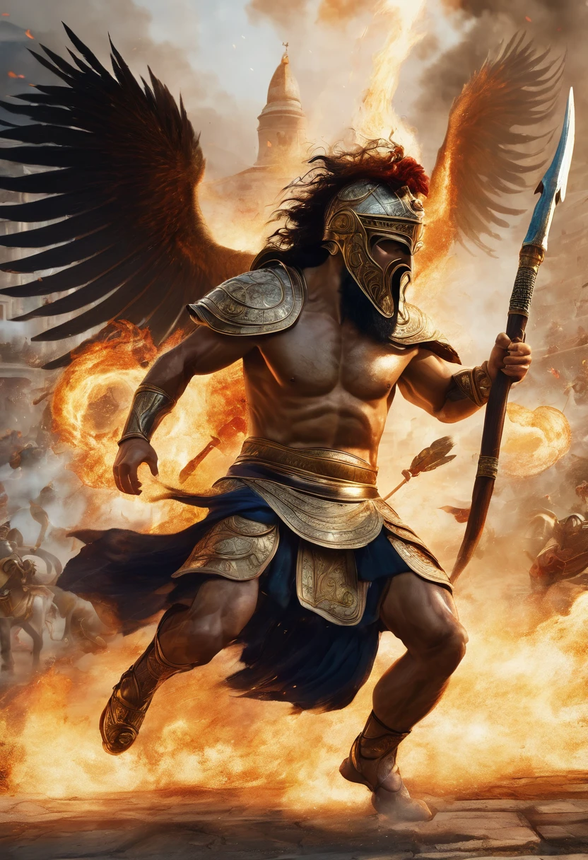 A Greek warrior in an epic battle against a chimera, with flames and smoke filling the air around them