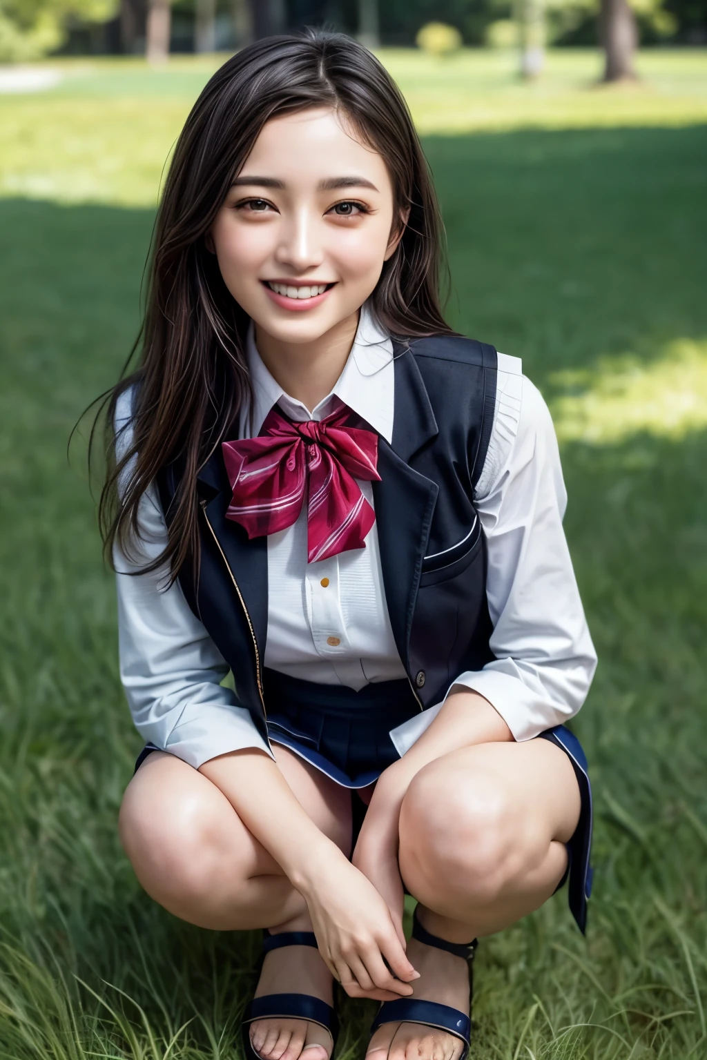 (nsfw:-2),(realistic, photo-realistic:1.4), (masterpiece,best quality:1.2), RAW photo, high resolution, intricate details extremely detailed, realistic and sharp details, portrait, frontal photography, look at viewer, solo, 1girl, a 19 years old woman, (office lady),(uniform,vest,tight skirt,bare legs:1.4), sandals, (squatting with spread legs apart), dark hair, (detailed face, beautiful detailed eyes, sophisticated nose), pale skin, smile, photo background, outdoors, grass field, large park,,,[Nagi Inoue, Nogizaka46]