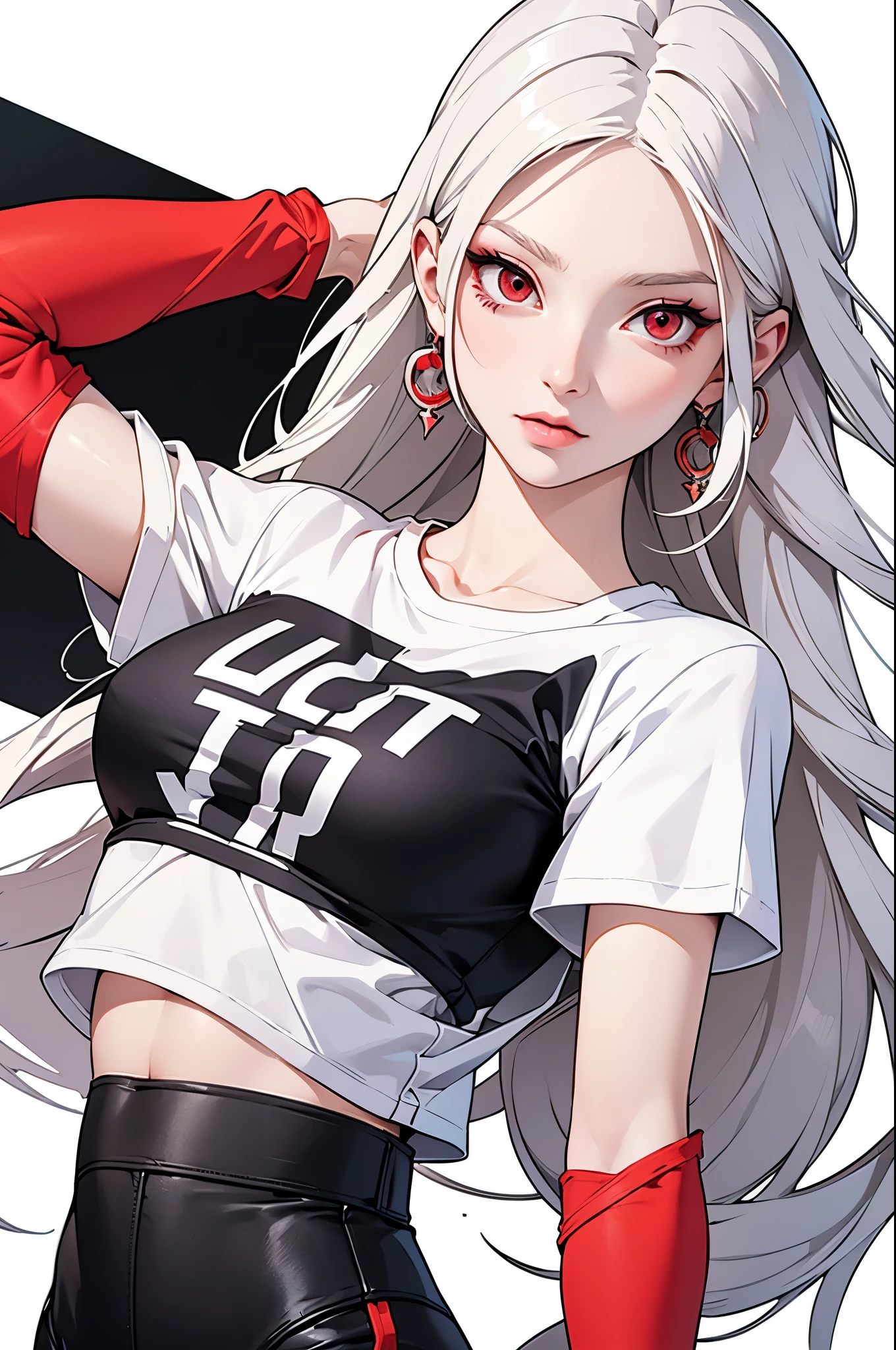 Stunning details, A realistic anime illustration of a tall, slim, Beautiful woman with white hair and red eyes. She exudes an active and vibrant personality, Wearing a cropped T-shirt with a bold graphic and matching pants. Women&#39;s shoes are fashionable sneakers, Her overall look is both stylish and energetic. The background suggests an urban environment, With modern architecture and a bustling urban atmosphere.（（Crazy breast swelling））