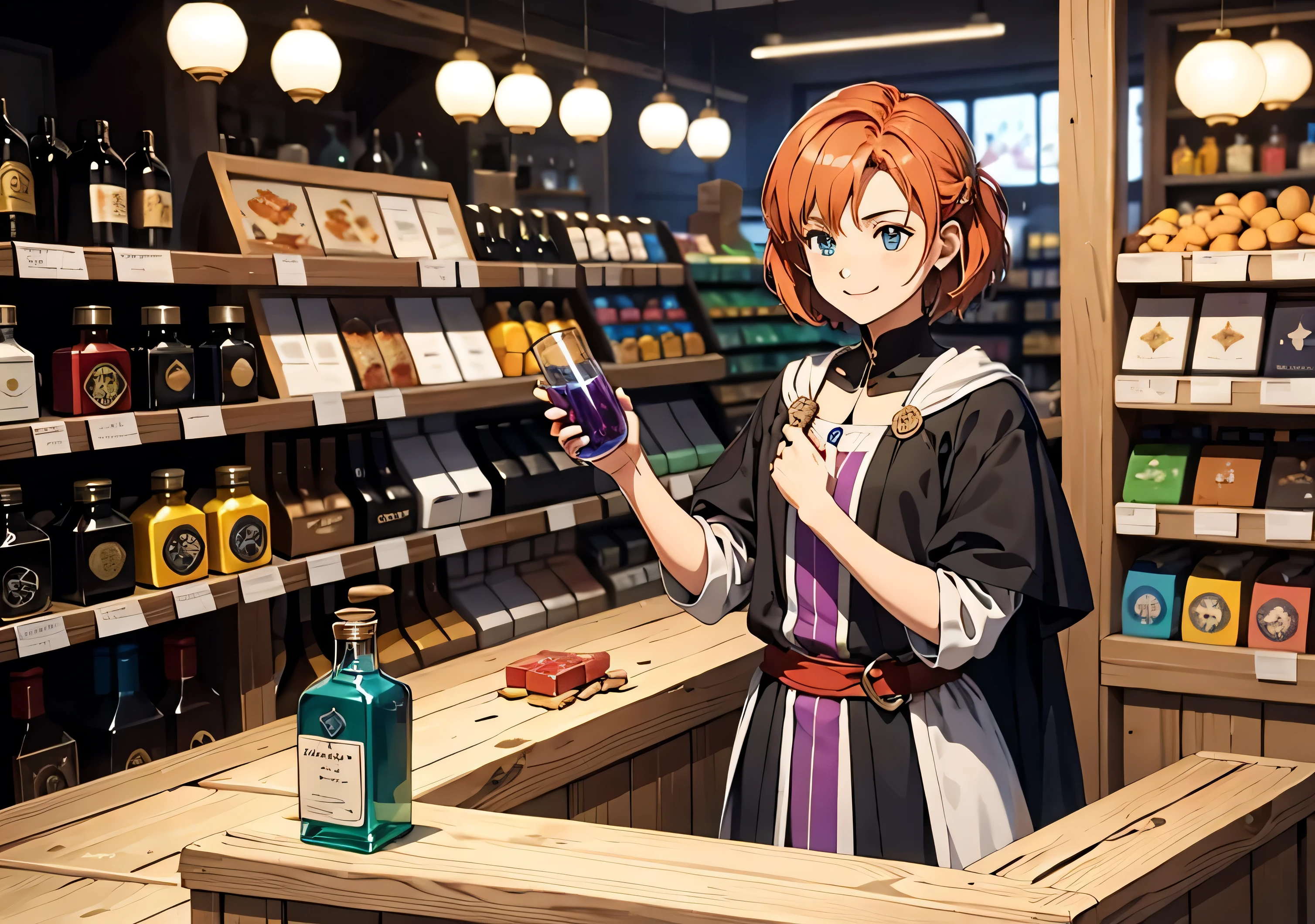 Create a simple medieval European Grocery store with just a single anime-shaped booth and counter. This store is based on the same model as RPG games. On the store stand there are blue potions, Green potions, red potions and yellow potions. There is a magical male character with short scarlet hair selling these items. The character is facing very close to the counter holding a magic potion. There is only one stand behind the character inside the store. He wears medieval and magical clothes. The character is smiling while selling the magic potions inside the store. Make magic potions clearly visible. There is a blue and red potion on the store counter that is near the character. The store is lit by candles, I.E, it is old and from the 10th century.