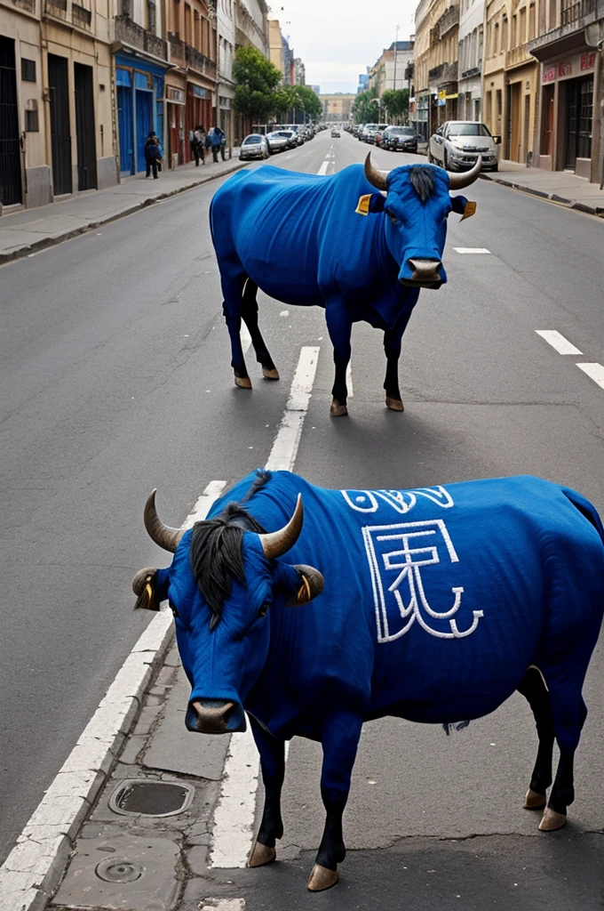 On the street written “GeMotos” in blue and embroidered with a bull