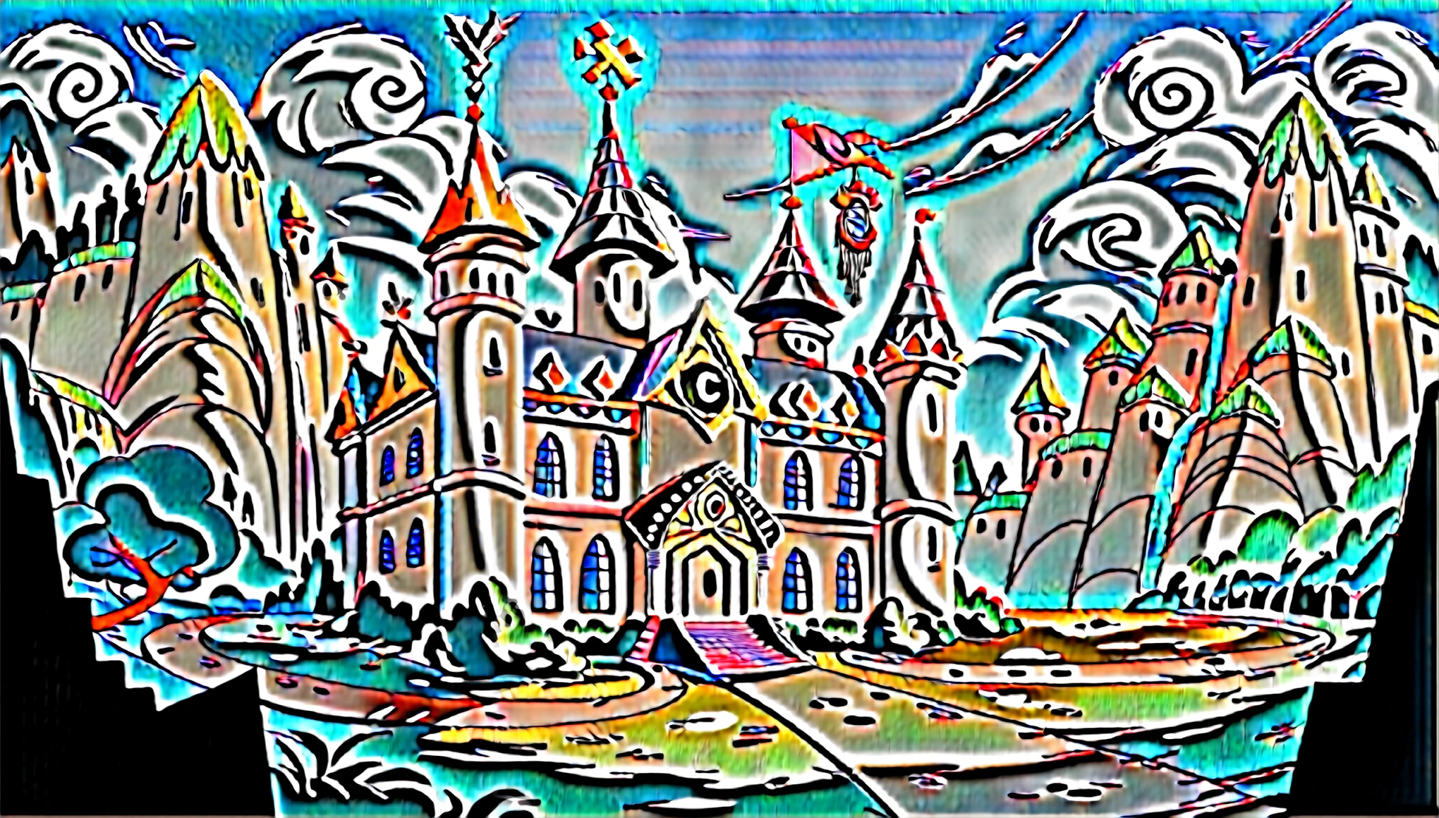 The Arafifs are standing in front of a castle with a clock tower., background is Disneyland castle, Post-apocalyptic Magic Kingdom, Disney!!, Disneyland background, Disneyworld at kingdom hearts, Disney and kyoto animation, Disney land, black dome and spire, Shot with Sony A7R camera, Dry arches and spires, Photo taken with Sony a7r
