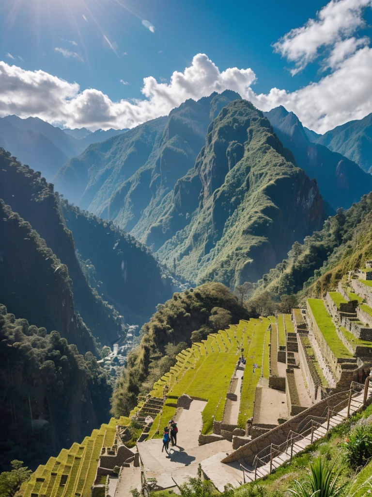 absurd resolution, high resolution, (Masterpiece: 1.4),In the majesty of the Peruvian Andes, The Incas worked with tireless dedication and effort in the construction of Machu Picchu. Under a clear sky with some scattered clouds, the landscape was filled with the sound of primitive tools crashing against rock. Workers, dressed in traditional attire, They moved with precision and dexterity, raising the emblematic terraces and stone structures that we know today.
