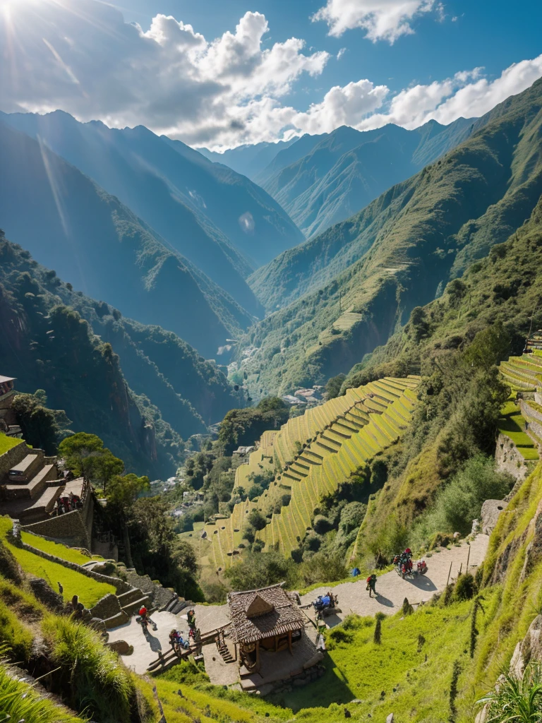 absurd resolution, high resolution, (Masterpiece: 1.4),In the majesty of the Peruvian Andes, The Incas worked with tireless dedication and effort in the construction of Machu Picchu. Under a clear sky with some scattered clouds, the landscape was filled with the sound of primitive tools crashing against rock. Workers, dressed in traditional attire, They moved with precision and dexterity, raising the emblematic terraces and stone structures that we know today.