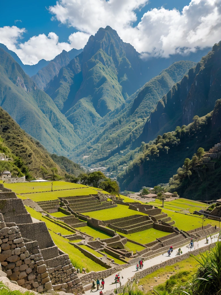 absurd resolution, high resolution, (Masterpiece: 1.4),In the majesty of the Peruvian Andes, The Incas worked with tireless dedication and effort in the construction of Machu Picchu. Under a clear sky with some scattered clouds, the landscape was filled with the sound of primitive tools crashing against rock. Workers, dressed in traditional attire, They moved with precision and dexterity, raising the emblematic terraces and stone structures that we know today.