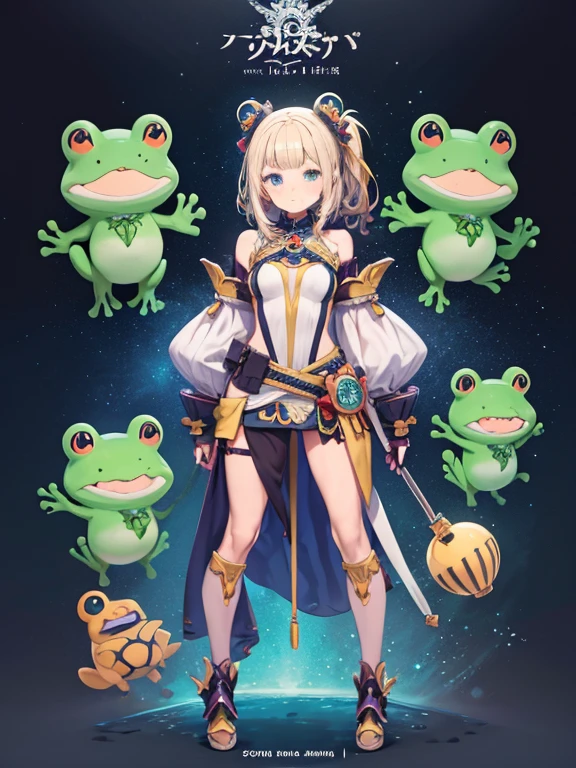 Anthropomorphized anime characters、Frog standing on two legs、Frog in armor、three-headed body、Fantasy、Cute Characteredieval Europe、