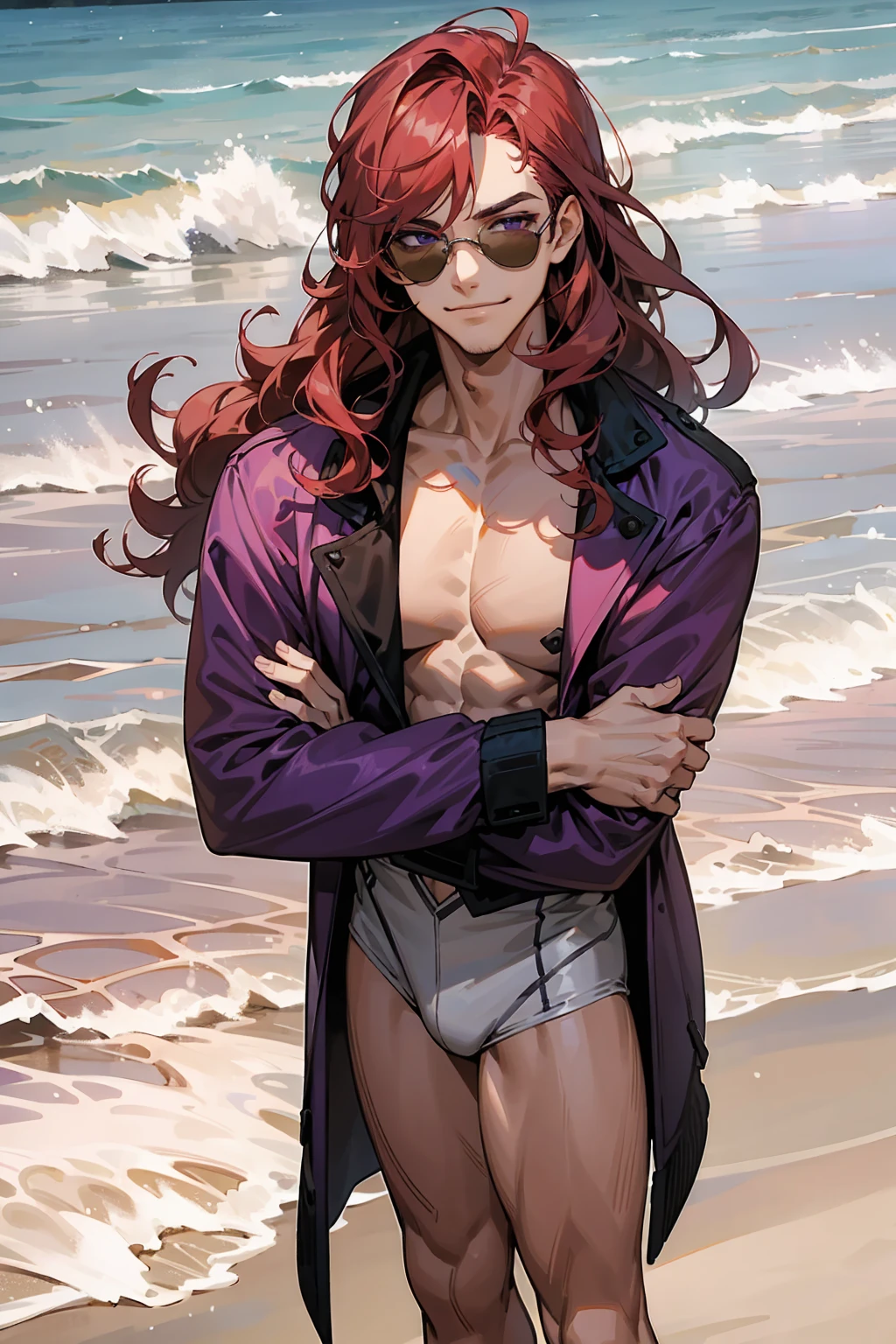 1male, Young Adult, Dark Red Hair, Light Pink Hair, , Muscular, Curly Hair, Two Toned Hair, Sunglasses, Magenta Colored Eyes, Smirk, Standing On Beach, Purple Coat, Long Hair