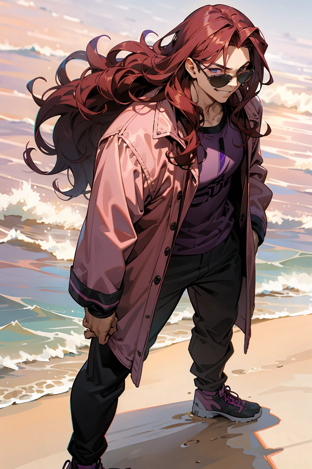 1male, Young Adult, Dark Red Hair, Light Pink Hair, , Muscular, Curly Hair, Two Toned Hair, Sunglasses, Magenta Colored Eyes, Smirk, Standing On Beach, Purple Coat, Long Hair