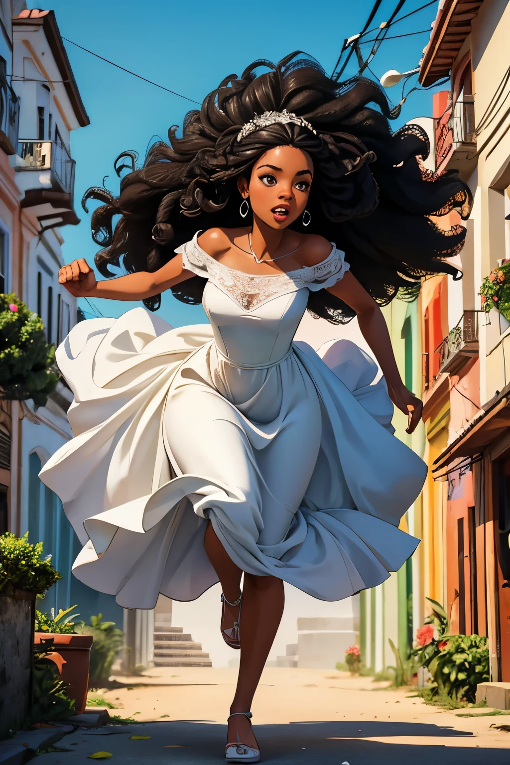 Create an illustration of a black woman with curly hair, in a wedding dress, running away from an altar, bride on the run, she is in the background, running away, the setting is the streets of the community of Rio de Janeiro.