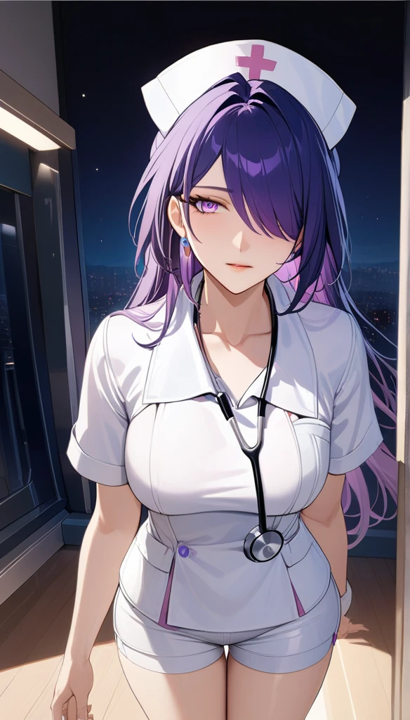 (masterpiece, top quality, best quality, official art, beautiful and aesthetic:1.2),(8k, best quality, masterpiece:1.2), (((masterpiece))),(((best quality))),(((extremely detailed))),illustration,who, (masterpiece, top quality, best quality, official art, beautiful and aesthetic:1.2),(8k, best quality, masterpiece:1.2), (Masterpiece, Best quality, best shadow), (detailed background), 1girl, One, girl, Honkai: star rail, Acheron, purple hair, long hair, shorts, one eye hidden behind hair, hair over one eye, purple eyes, nurse uniform smooth, nurse, nurse hat, stethoscope,