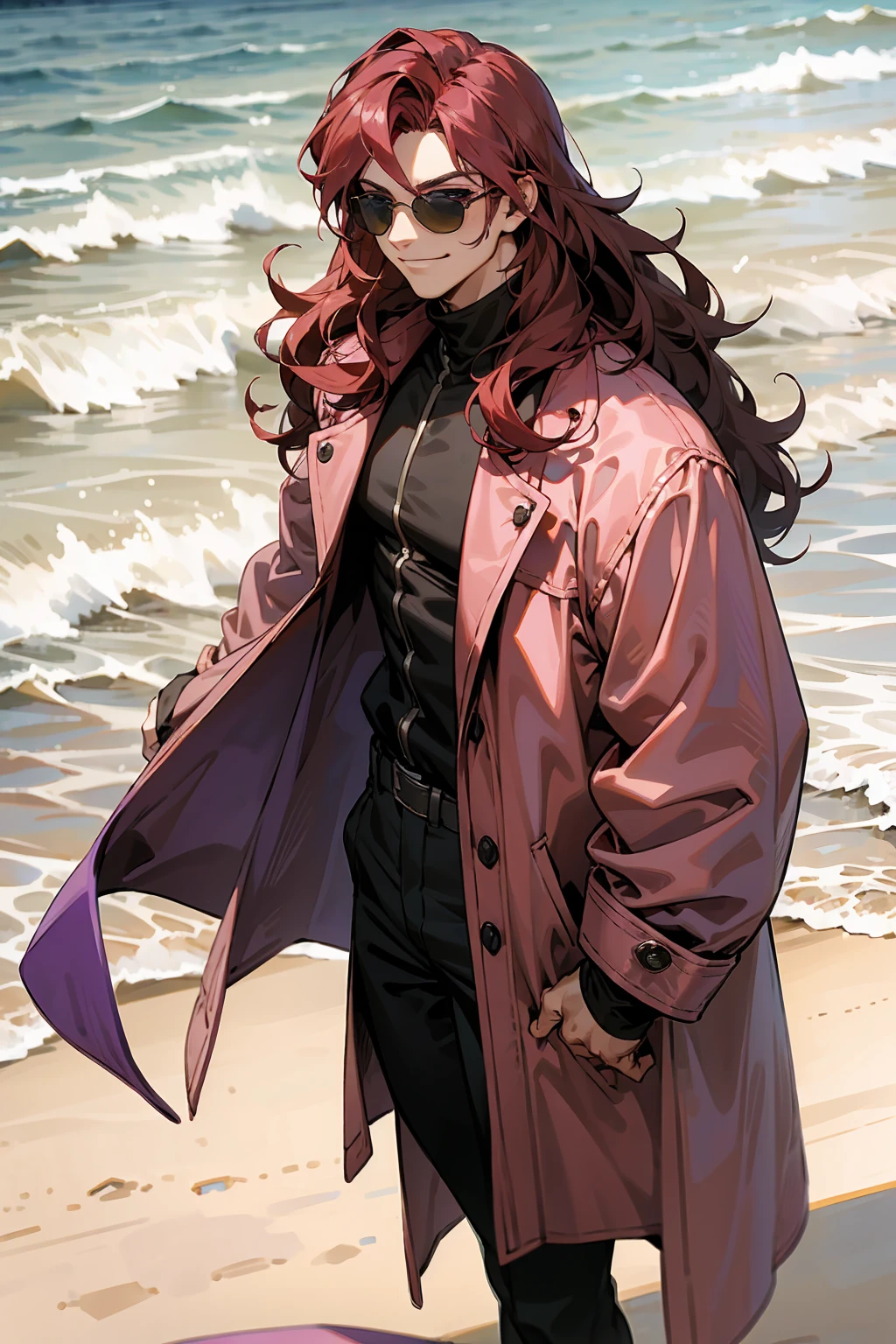1male, Young Adult, Dark Red Hair, Light Pink Hair, , Muscular, Curly Hair, Two Toned Hair, Sunglasses, Magenta Colored Eyes, Smirk, Standing On Beach, Purple Coat, Long Hair