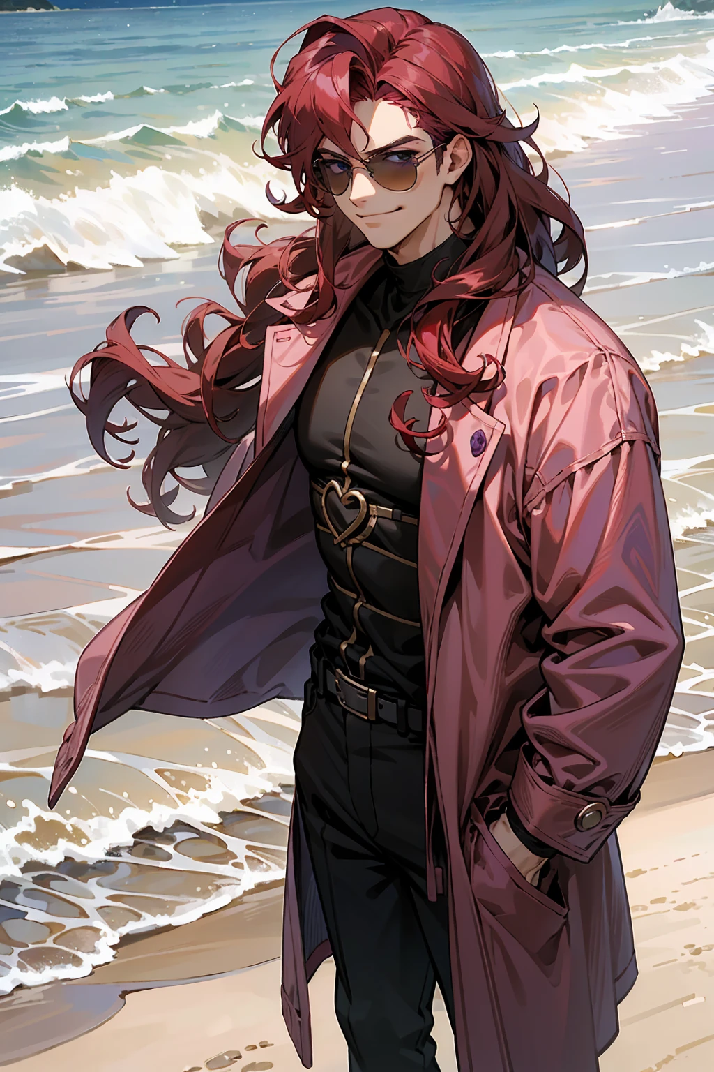 1male, Young Adult, Dark Red Hair, Light Pink Hair, , Muscular, Curly Hair, Two Toned Hair, Sunglasses, Magenta Colored Eyes, Smirk, Standing On Beach, Purple Coat, Long Hair