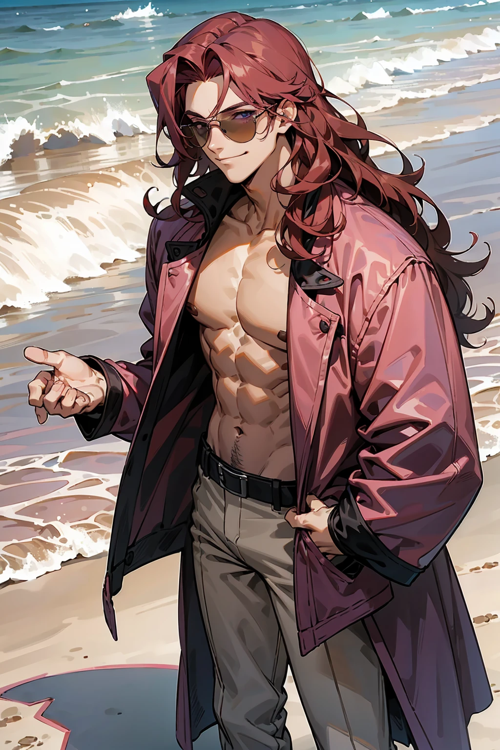 1male, Young Adult, Dark Red Hair, Light Pink Hair, , Muscular, Curly Hair, Two Toned Hair, Sunglasses, Magenta Colored Eyes, Smirk, Standing On Beach, Purple Coat, Long Hair