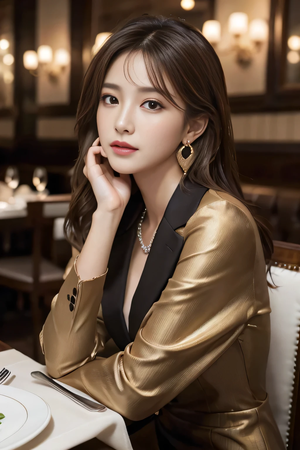 masterpiece, Highest quality, Realistic, Very detailed, Finer details, High resolution, 8k wallpaper, One beautiful woman, Wear a nice suit, In a great restaurant, At night, Light brown messy hair, Perfect dynamic composition, Beautiful and beautiful eyes、Big earrings、Sit comfortably in a chair、