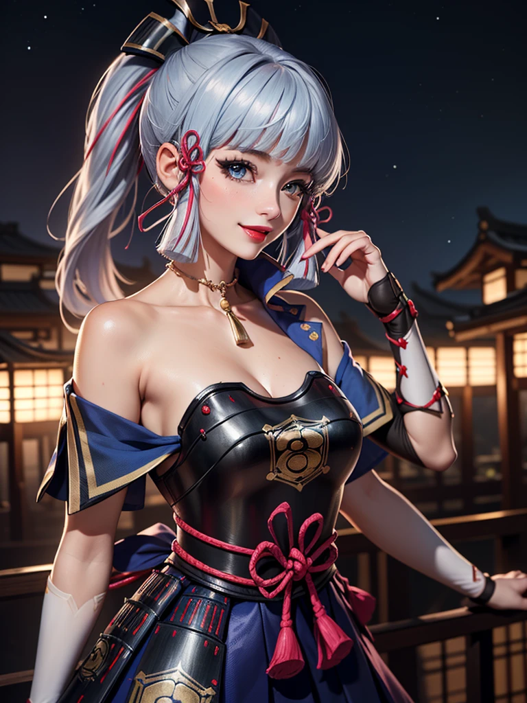 ((masterpiece)),(bestquality),((ultra-detailed)), ((beautiful detailed sky)), ((cinematic lighting)), depth of field, (dynamic angle),detailed lighting,((beautiful detailed eyes)), (night sky view), red lip, smile,eyeshadow,large breast, cleavage, ((bare arm, short skirt , off shoulders, sexy)), ((kamisatoayakadef))
