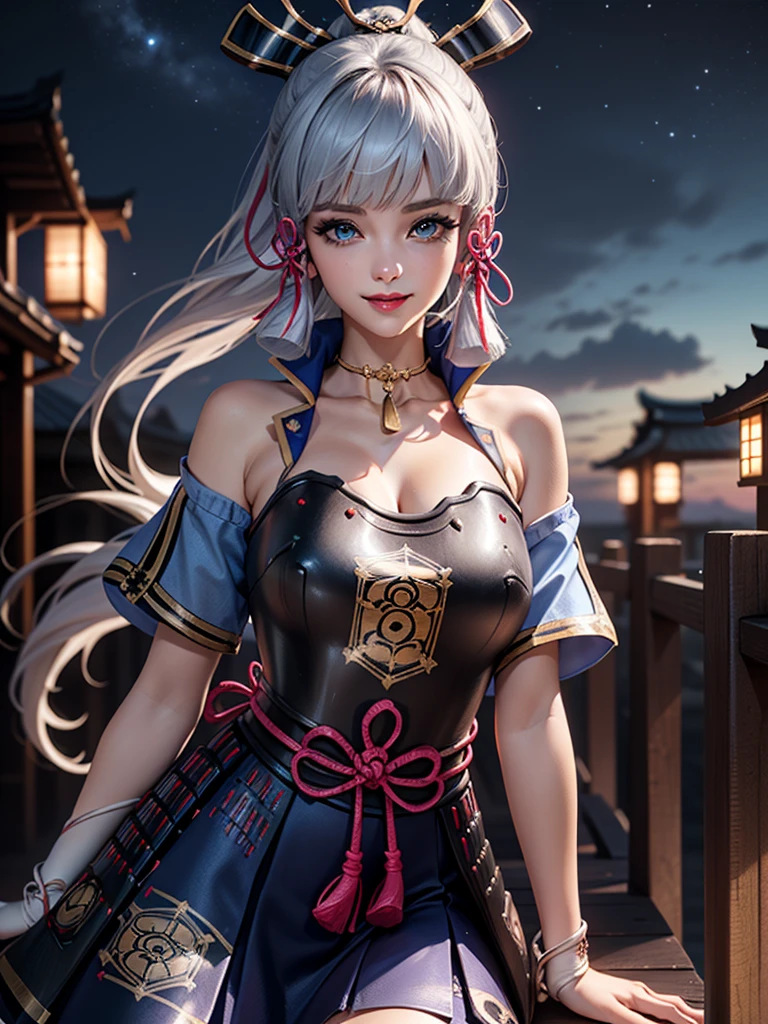 ((masterpiece)),(bestquality),((ultra-detailed)), ((beautiful detailed sky)), ((cinematic lighting)), depth of field, (dynamic angle),detailed lighting,((beautiful detailed eyes)), (night sky view), red lip, smile,eyeshadow,large breast, cleavage, ((bare arm, short skirt , off shoulders, sexy)), ((kamisatoayakadef))