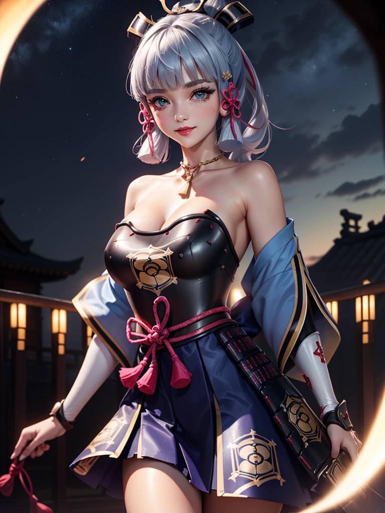 ((masterpiece)),(bestquality),((ultra-detailed)), ((beautiful detailed sky)), ((cinematic lighting)), depth of field, (dynamic angle),detailed lighting,((beautiful detailed eyes)), (night sky view), red lip, smile,eyeshadow,large breast, cleavage, ((bare arm, short skirt , off shoulders, sexy)), ((kamisatoayakadef))