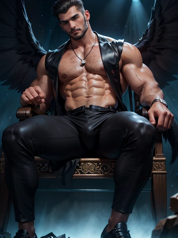 (((angel caido!angel!black lips tooth!big black angel wings!Gothic))),perfect composition,!)), ((Unintentionally exposing chest muscles.))elegant male, elegant chad chin, elegant and attractive, elegant and elegant, elegant man, attractive male, masculine and elegant, , elegant, posing attractive, Attractive man, Attractive man,30 year old man!Raise your little head,Chimney(first portrait!))showing off his hairy pecsshowing hairy chest muscles),),(short mustache)Show hairy and muscular eyes.,)Head space!Charming and serious look.,(elegant男人,Dressed in a shameful posture,Perfect body anatomy,Beautiful man face detail,perfect foot,perfect hand!Ultra low angle shot!An image of an anime character with a necklace., muscular man, realistic muscles, human representation style, Gothic, anime core, meritocracy, the romantic academy, garbage, anime core, Aestheticized violence, whole body, dark gym, coloring Waiting to start