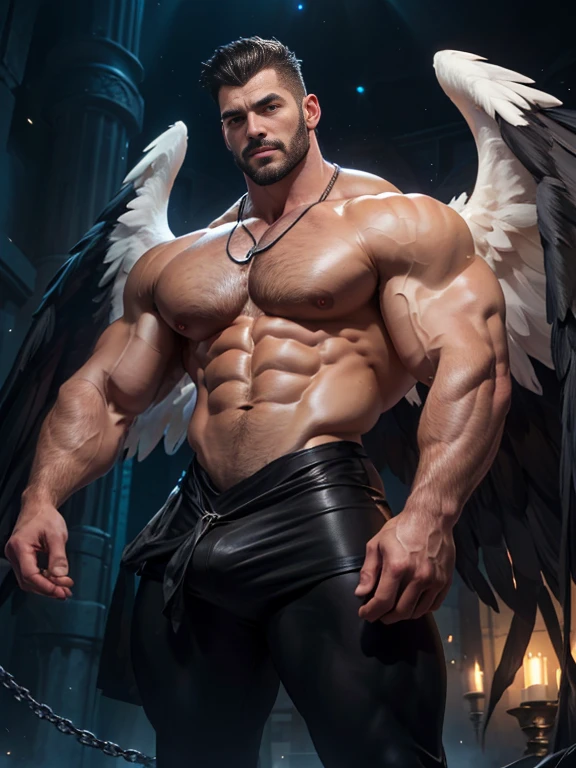 (((angel caido!angel!black lips tooth!big black angel wings!Gothic))),perfect composition,!)), ((Unintentionally exposing chest muscles.))elegant male, elegant chad chin, elegant and attractive, elegant and elegant, elegant man, attractive male, masculine and elegant, , elegant, posing attractive, Attractive man, Attractive man,30 year old man!Raise your little head,Chimney(first portrait!))showing off his hairy pecsshowing hairy chest muscles),),(short mustache)Show hairy and muscular eyes.,)Head space!Charming and serious look.,(elegant男人,Dressed in a shameful posture,Perfect body anatomy,Beautiful man face detail,perfect foot,perfect hand!Ultra low angle shot!An image of an anime character with a necklace., muscular man, realistic muscles, human representation style, Gothic, anime core, meritocracy, the romantic academy, garbage, anime core, Aestheticized violence, whole body, dark gym, coloring Waiting to start