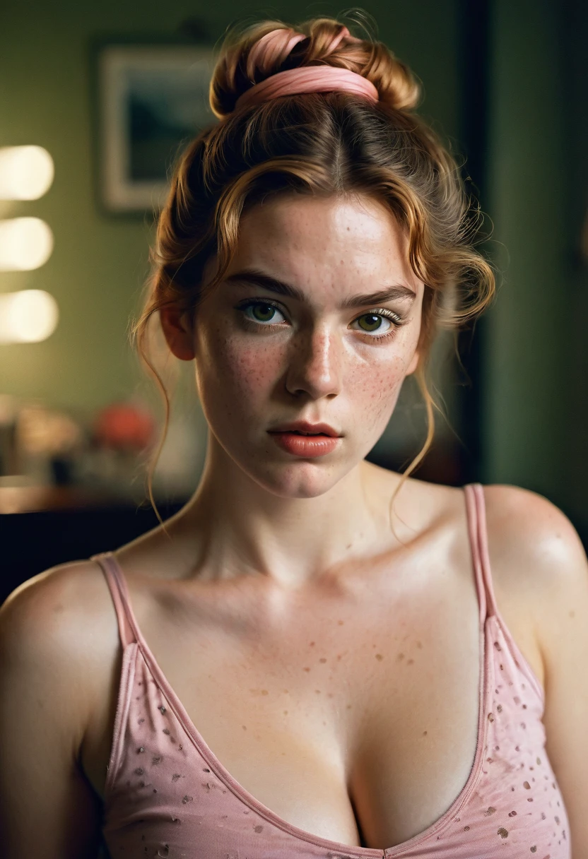 masterpiece,best quality, illustration,style of Philip Lorca diCorcia,
cinematic film still portrait of young girl aged 22yo, flowers, 1girl, solo, ginger long hair tied in a messy bun, olive eyes, freckles, athletic body, wearing a pink tank top, big nipples, perfect lips, posing for the camera, pretty face, large breasts, shallow depth of field, vignette, highly detailed features, high budget, bokeh, cinemascope, moody, epic, gorgeous, whole body photo, film grain, grainy