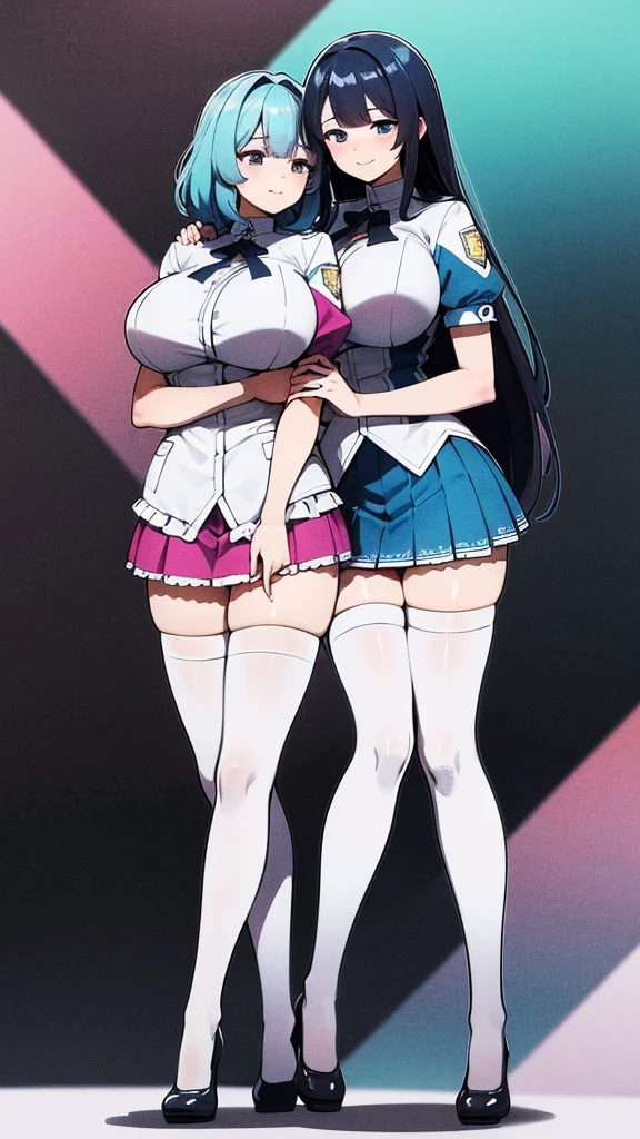 a masterpiece of two plump girls with cyan-blue colored hair, huge fuzzy hairstyle, parted-bangs, hazel eyes, and matching uniforms with sexy lace accents, ribbons, and rainbow short skirts, wearing white thigh-high socks and black high heels, hugging each- other with a seductive smile, flat color background, full body, ultra-detailed, (best quality,4k,8k,highres,masterpiece:1.2),ultra-detailed