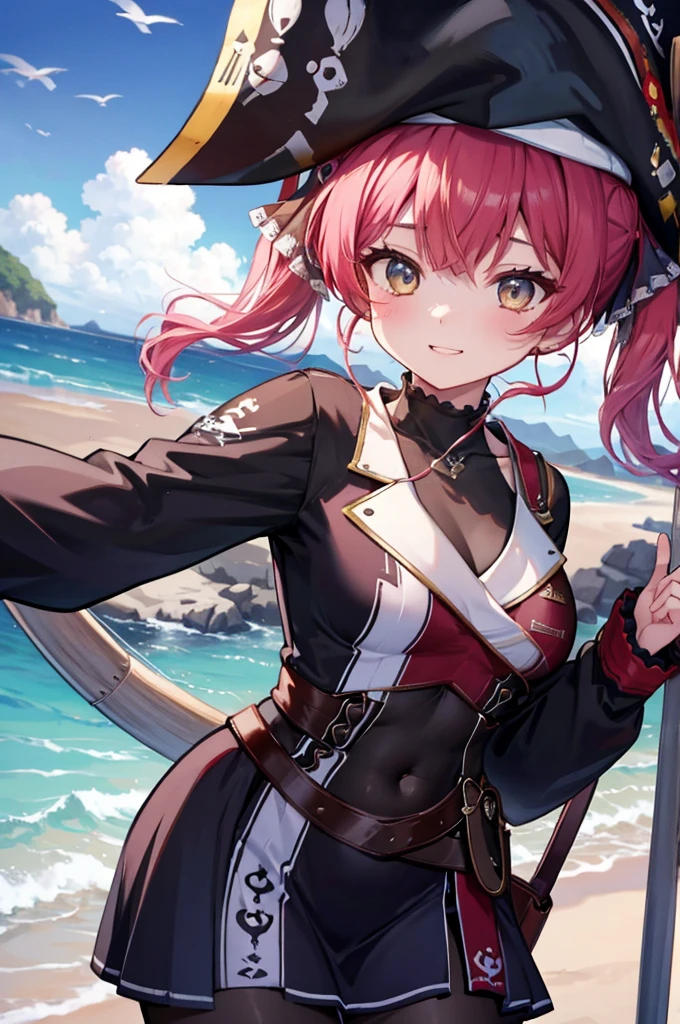 On the Sea、On the pirate ship、With a map in hand、Pointing to the ocean、A lively face、smile、Houshou Marine、Twin tails、pirate hat、Adult women